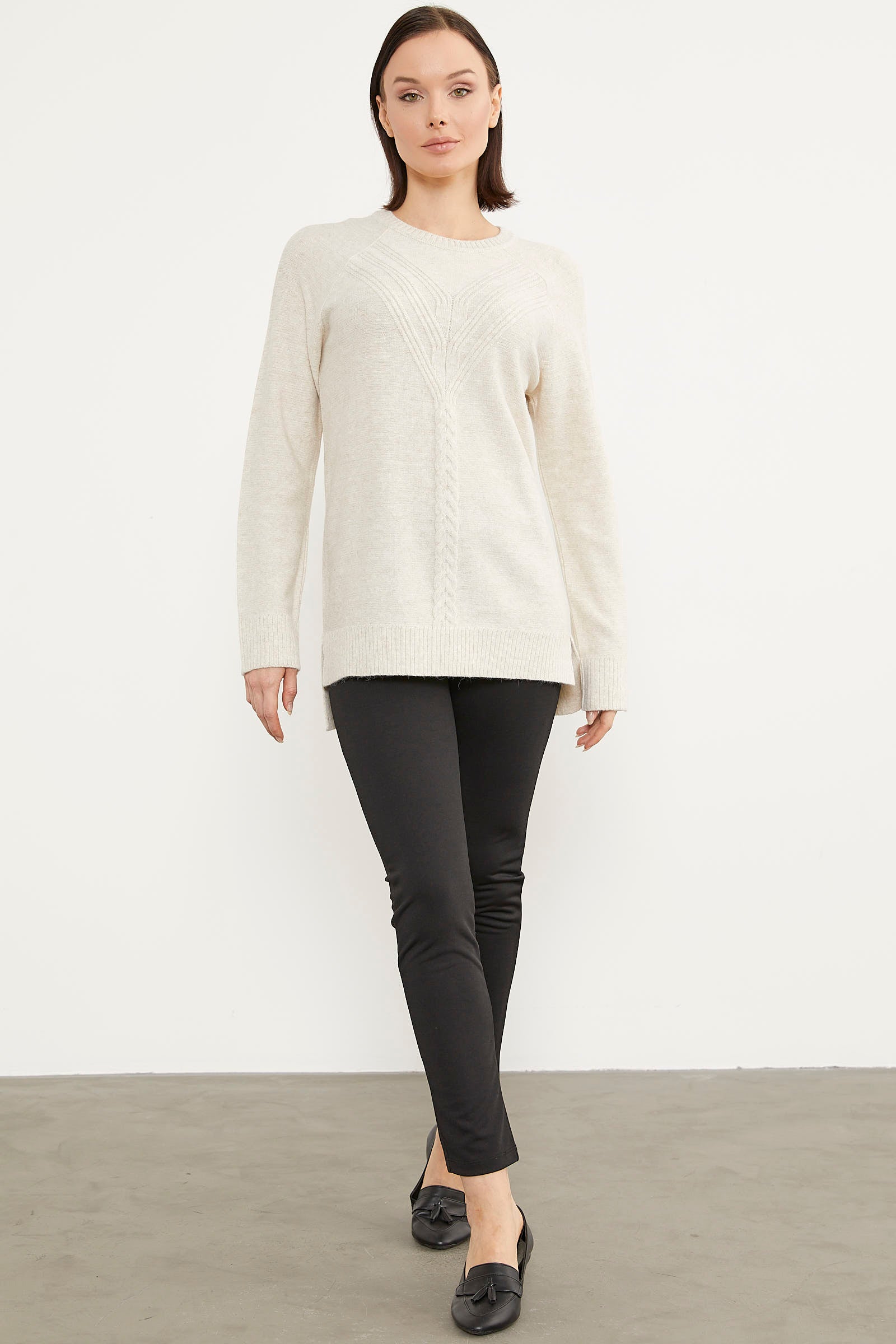 Arkası Uzun Önü Örgü Detaylı Triko Kazak - Açık Bej (2) Sementa