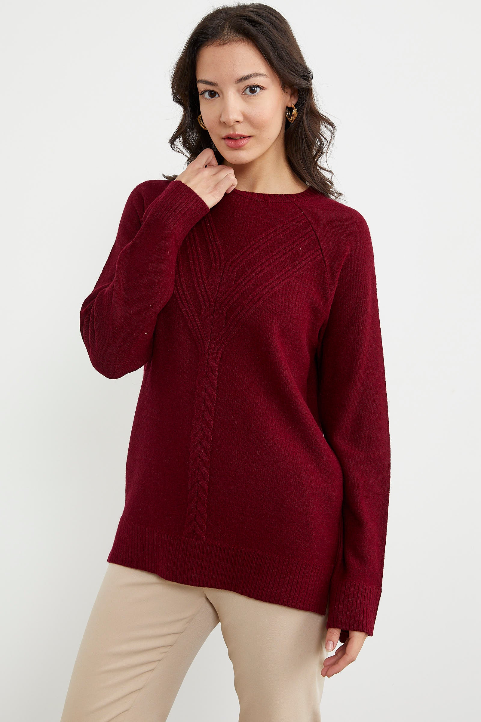 Arkası Uzun Önü Örgü Detaylı Triko Kazak - Bordo (4) Sementa