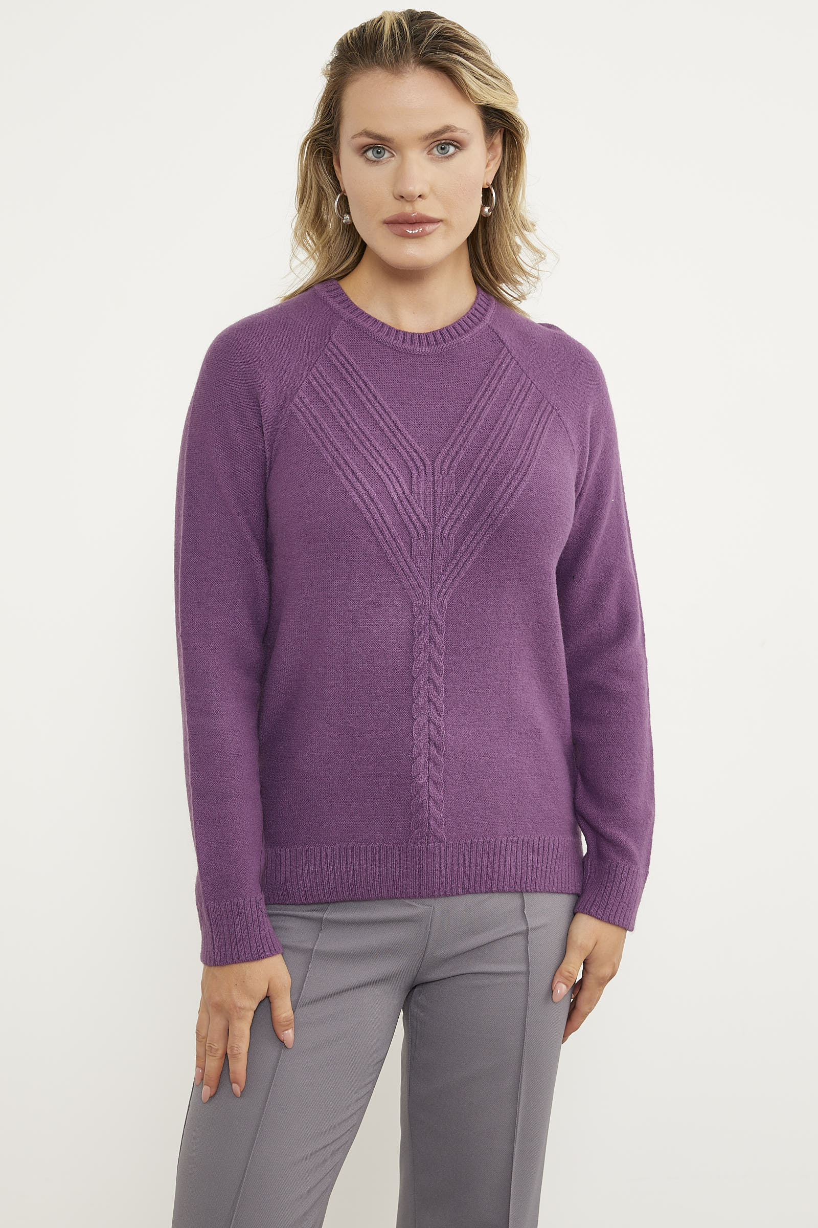 Arkası Uzun Önü Örgü Detaylı Triko Kazak - Lila (1) Sementa