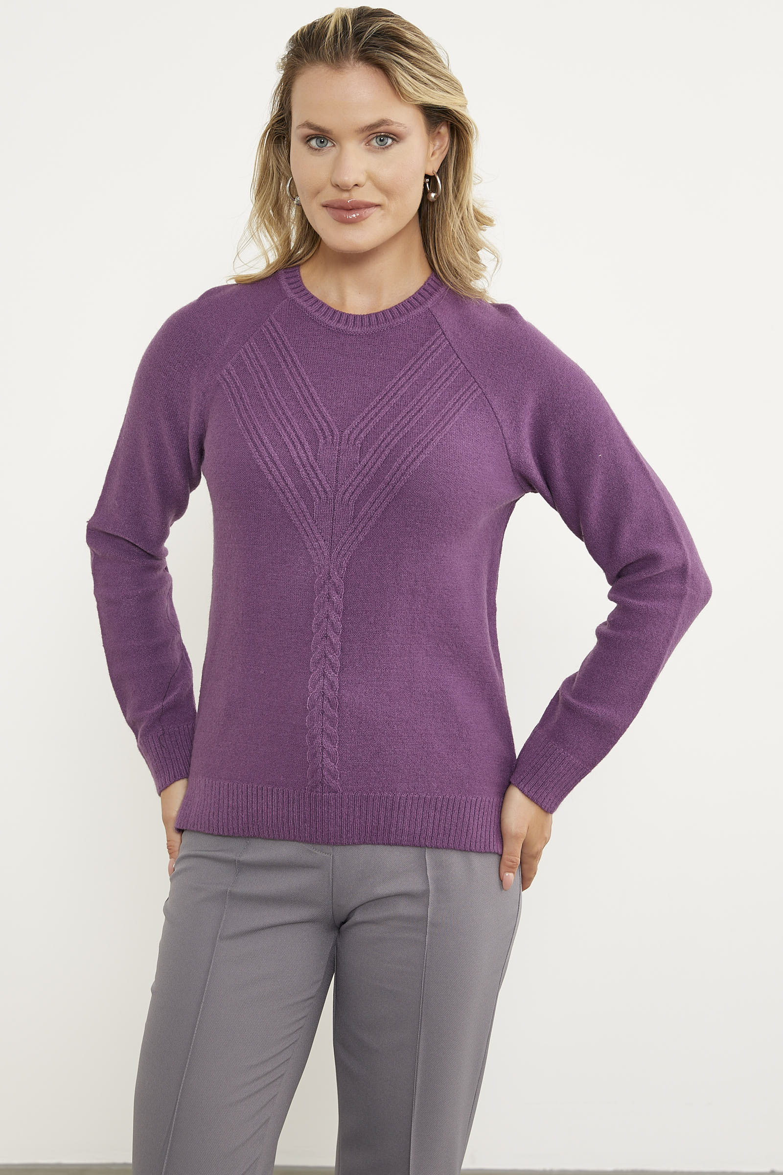 Arkası Uzun Önü Örgü Detaylı Triko Kazak - Lila (3) Sementa