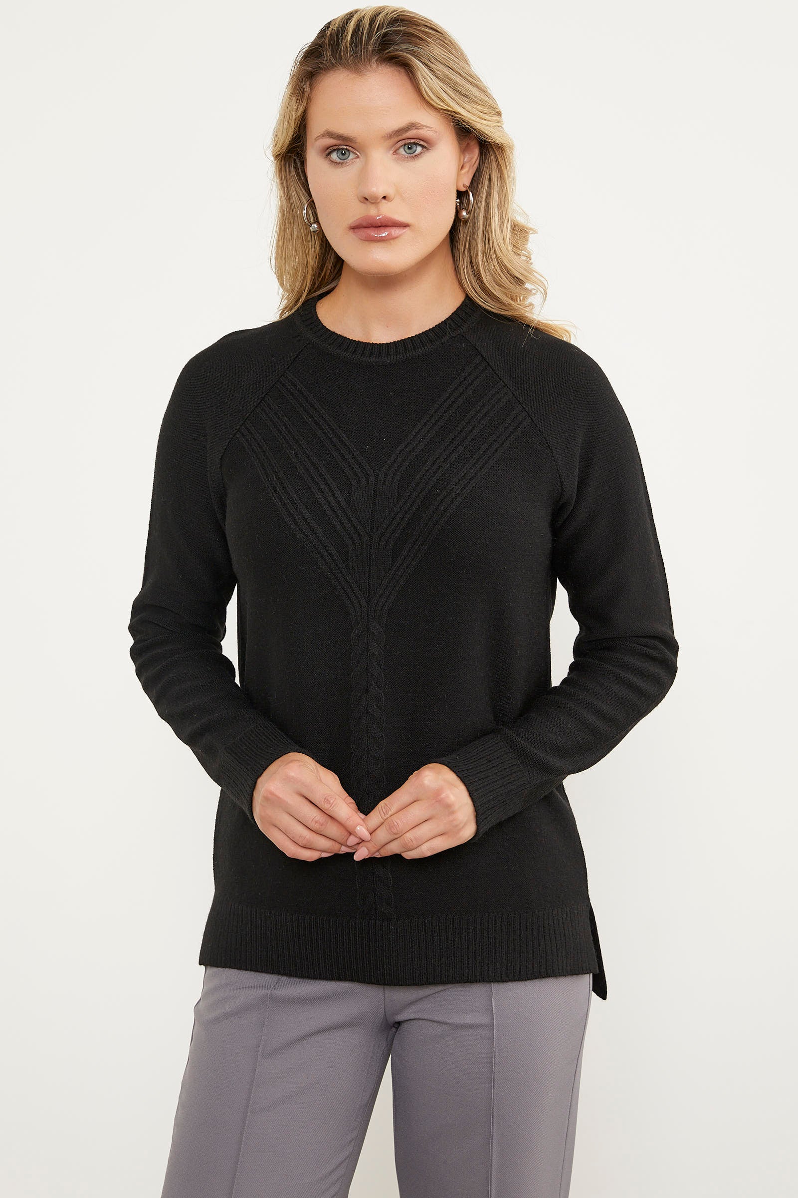 Arkası Uzun Önü Örgü Detaylı Triko Kazak - Siyah (2) Sementa