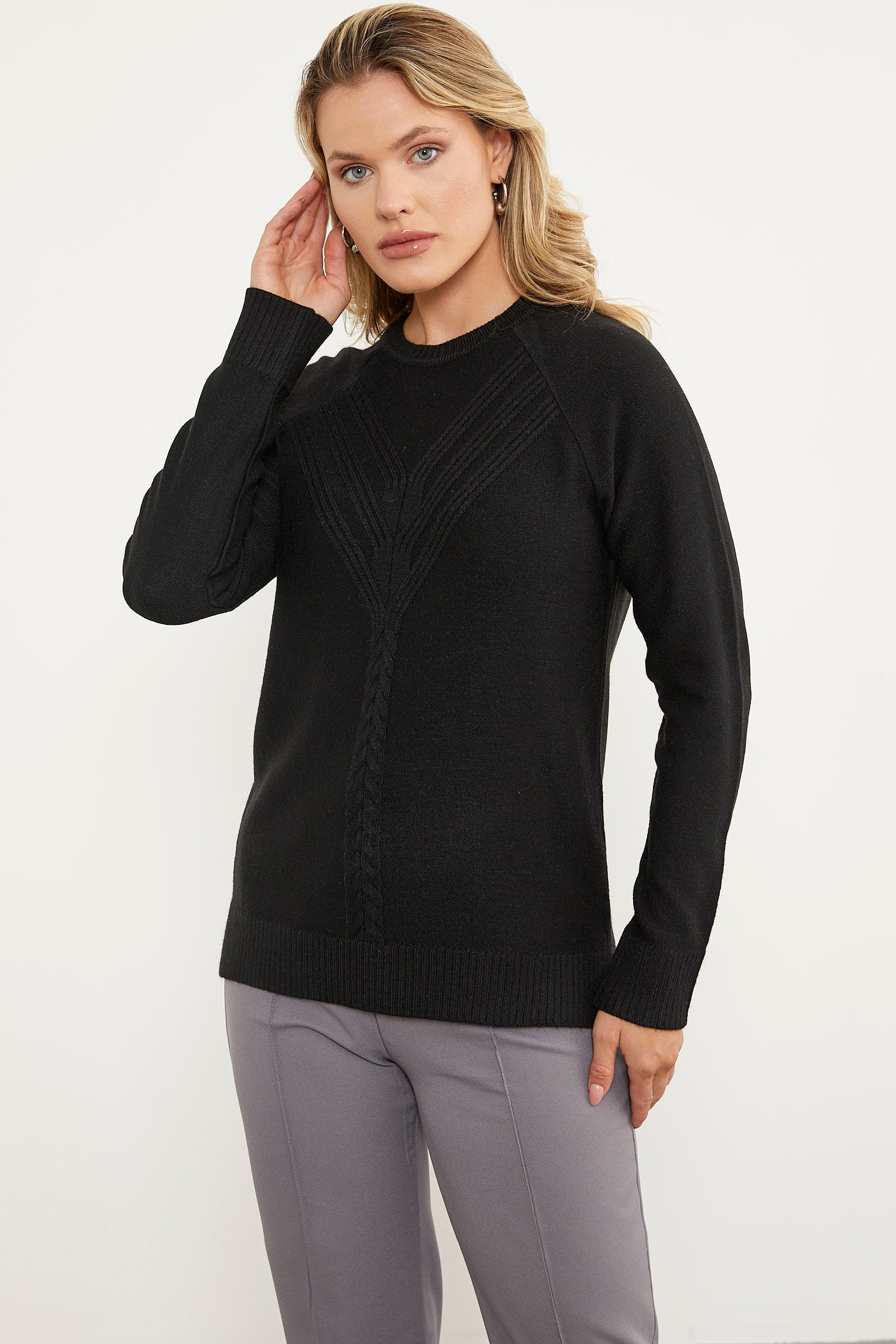 Arkası Uzun Önü Örgü Detaylı Triko Kazak - Siyah (3) Sementa