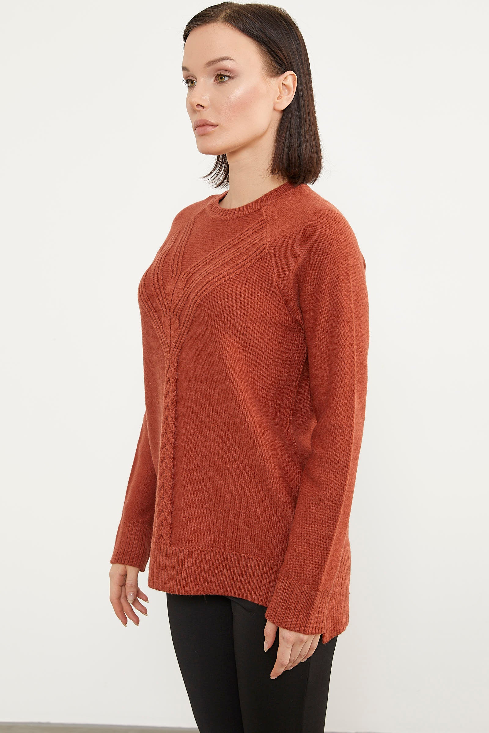 Arkası Uzun Önü Örgü Detaylı Triko Kazak - Taba (4) Sementa