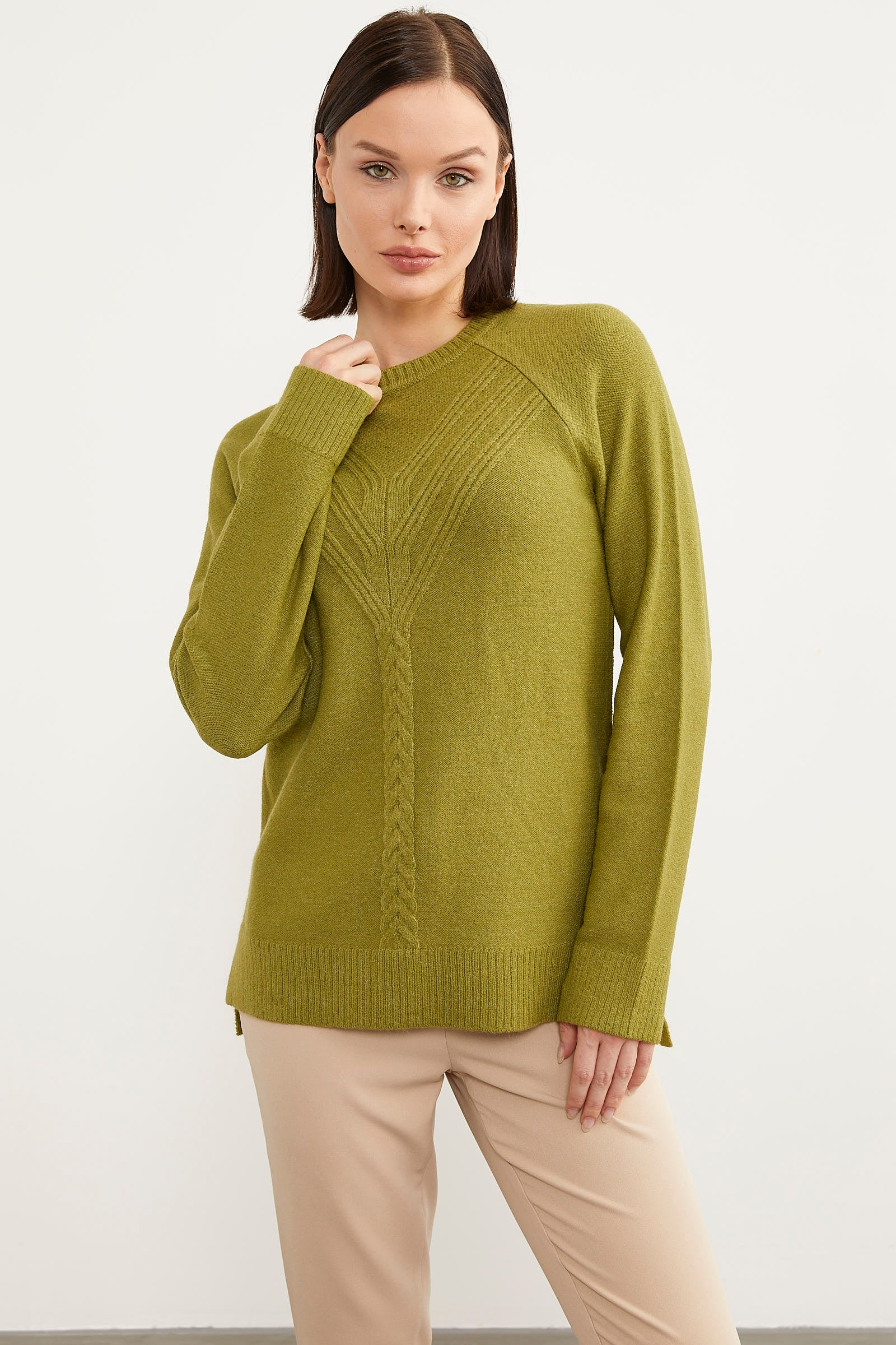Arkası Uzun Önü Örgü Detaylı Triko Kazak - Yeşil (2) Sementa