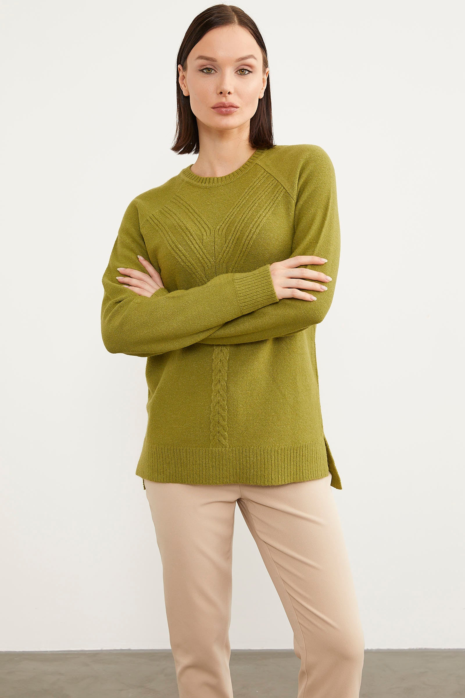 Arkası Uzun Önü Örgü Detaylı Triko Kazak - Yeşil (3) Sementa