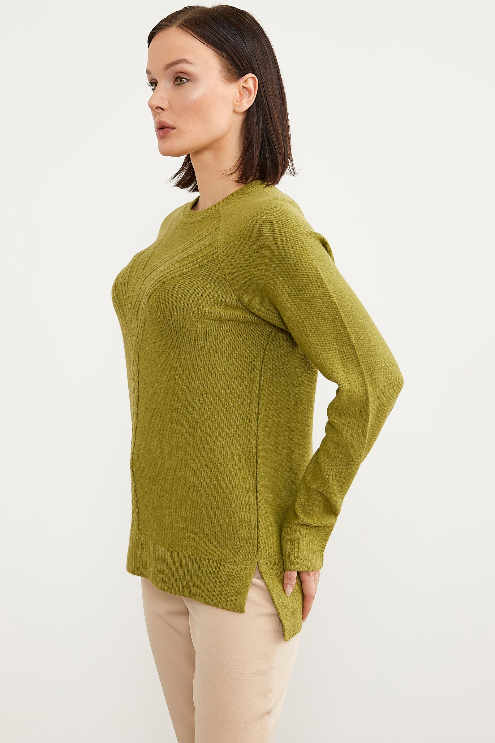 Arkası Uzun Önü Örgü Detaylı Triko Kazak - Yeşil (5) Sementa