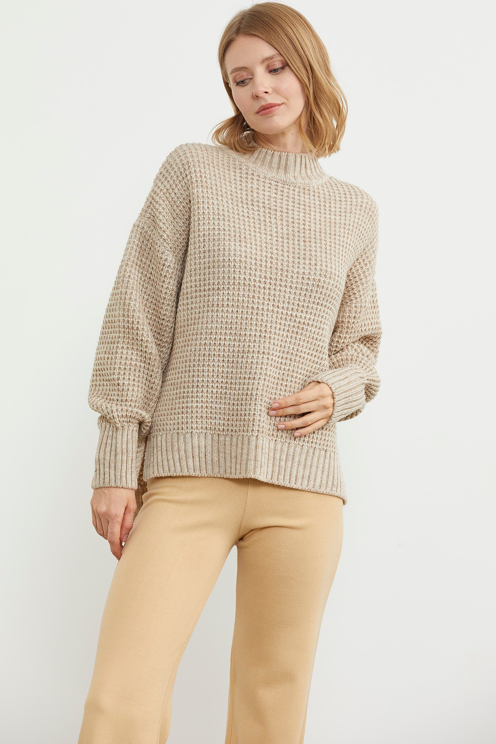 Arkası Uzun Salaş Triko Kazak - Bej (6) Sementa