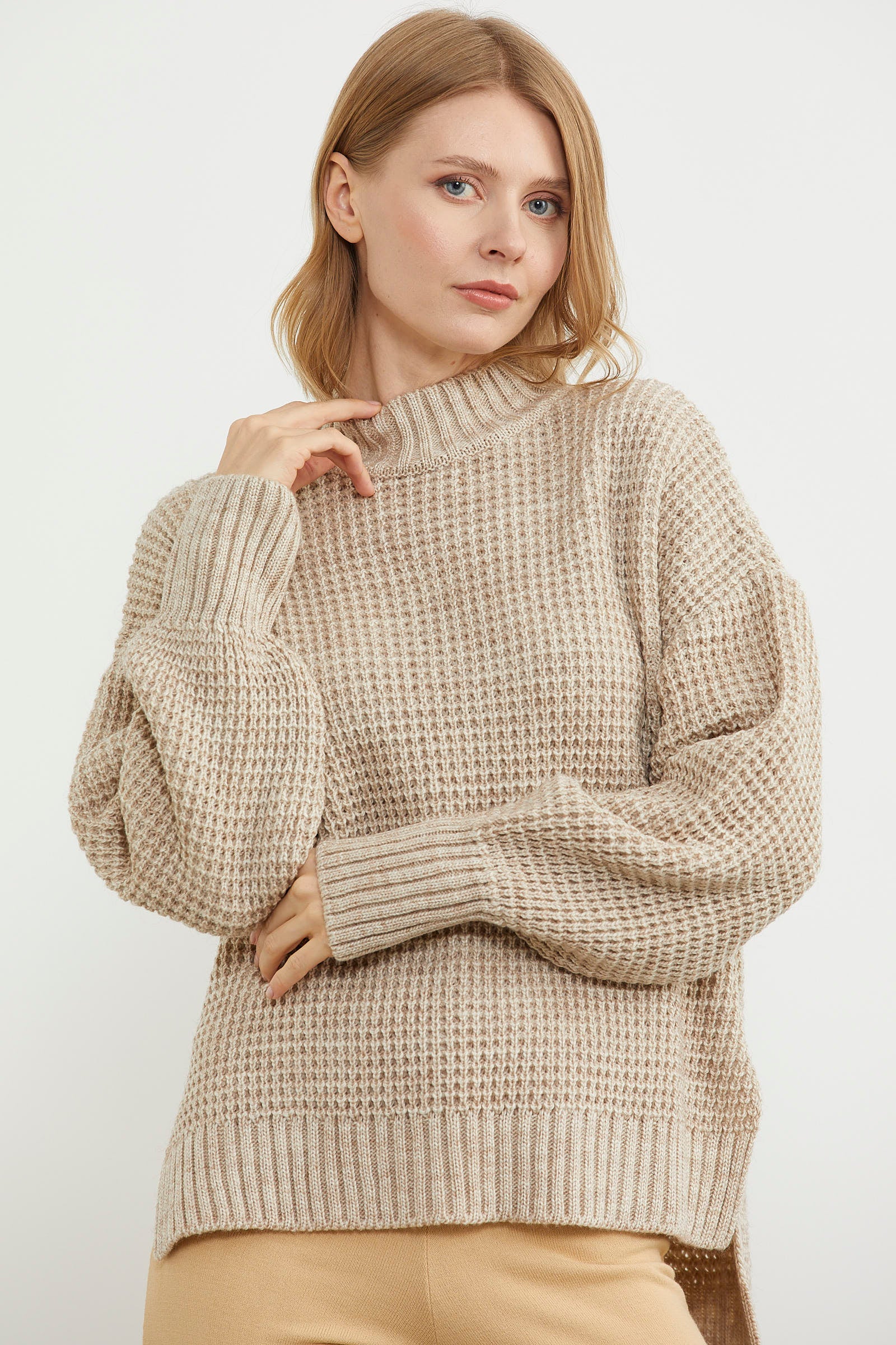 Arkası Uzun Salaş Triko Kazak - Bej (1) Sementa