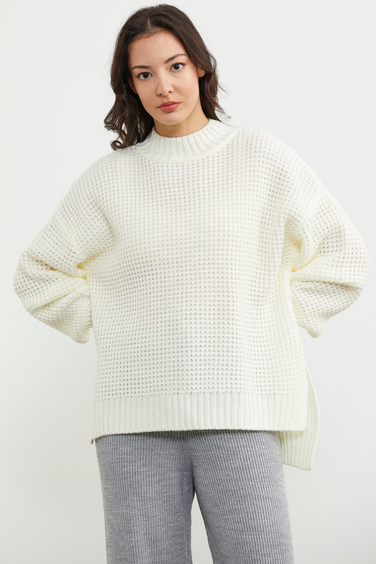 Arkası Uzun Salaş Triko Kazak - Kemik (1) Sementa