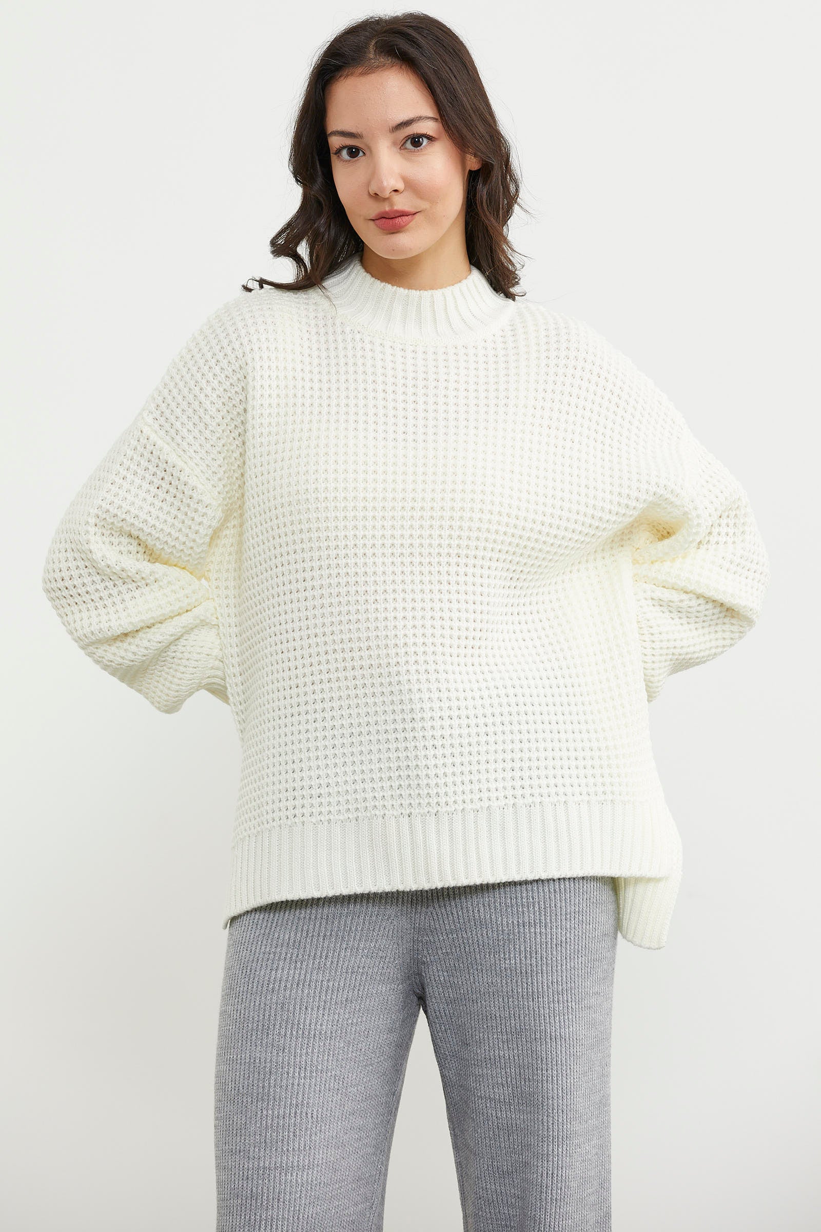 Arkası Uzun Salaş Triko Kazak - Kemik (2) Sementa