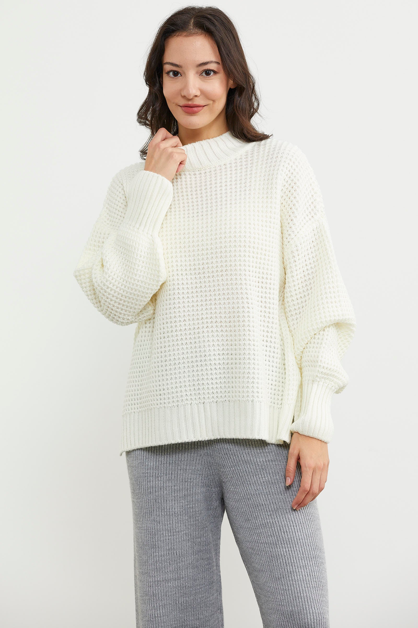 Arkası Uzun Salaş Triko Kazak - Kemik (3) Sementa