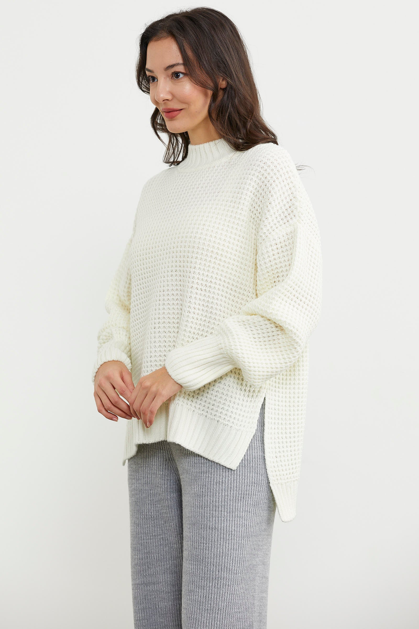 Arkası Uzun Salaş Triko Kazak - Kemik (4) Sementa