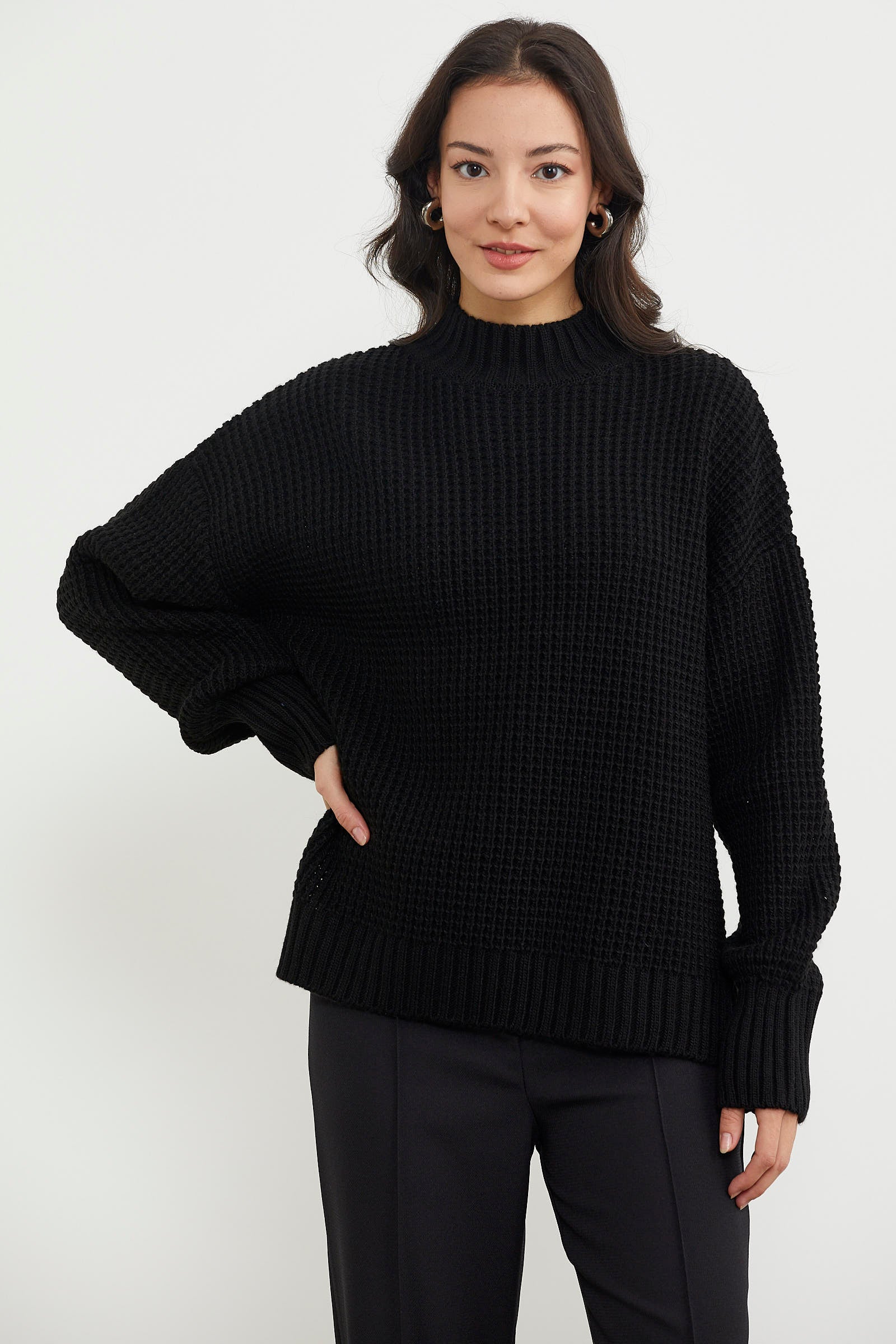 Arkası Uzun Salaş Triko Kazak - Siyah (2) Sementa