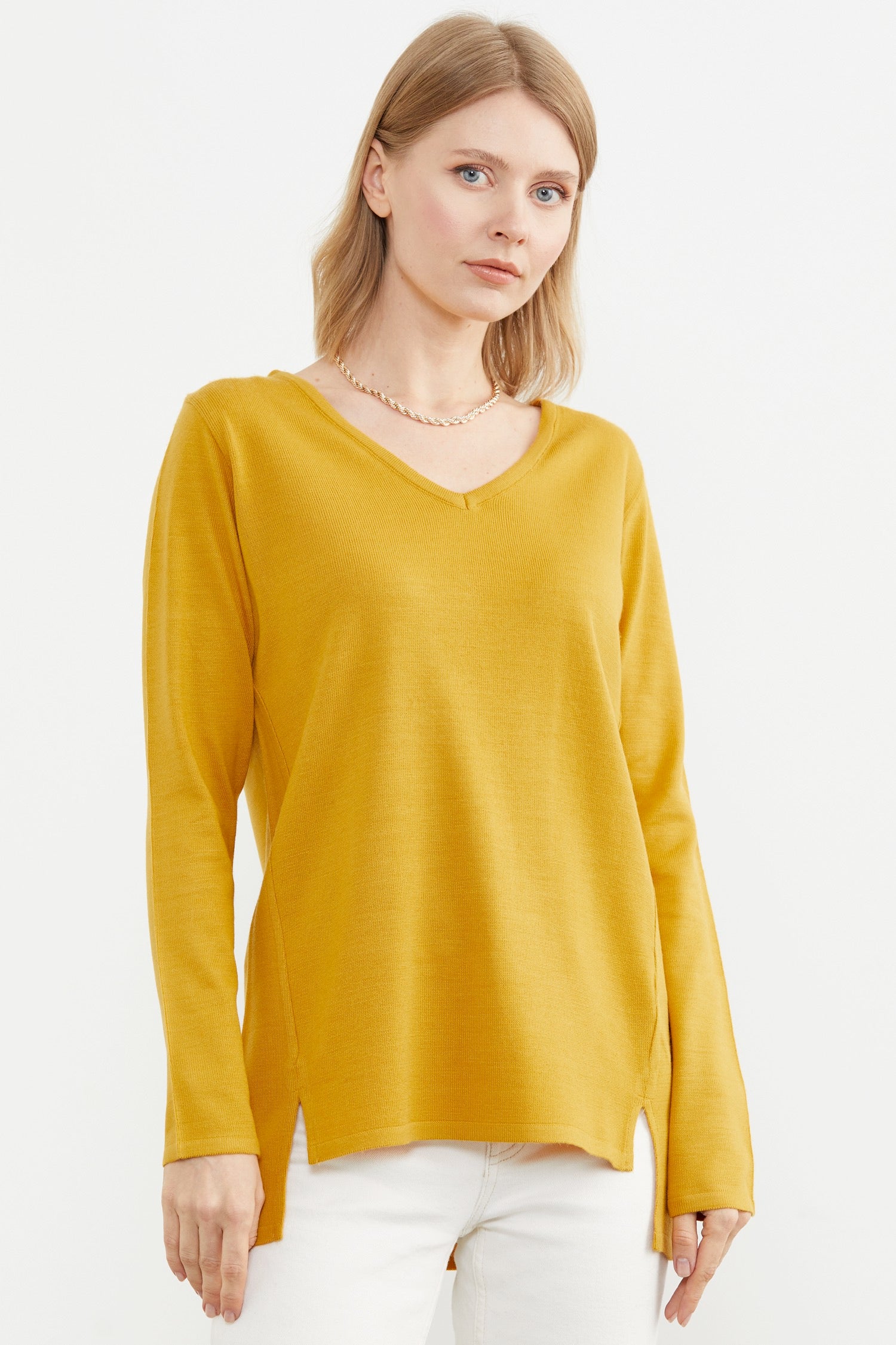 Arkası Uzun V Yaka Triko Kazak - Hardal (1) Sementa