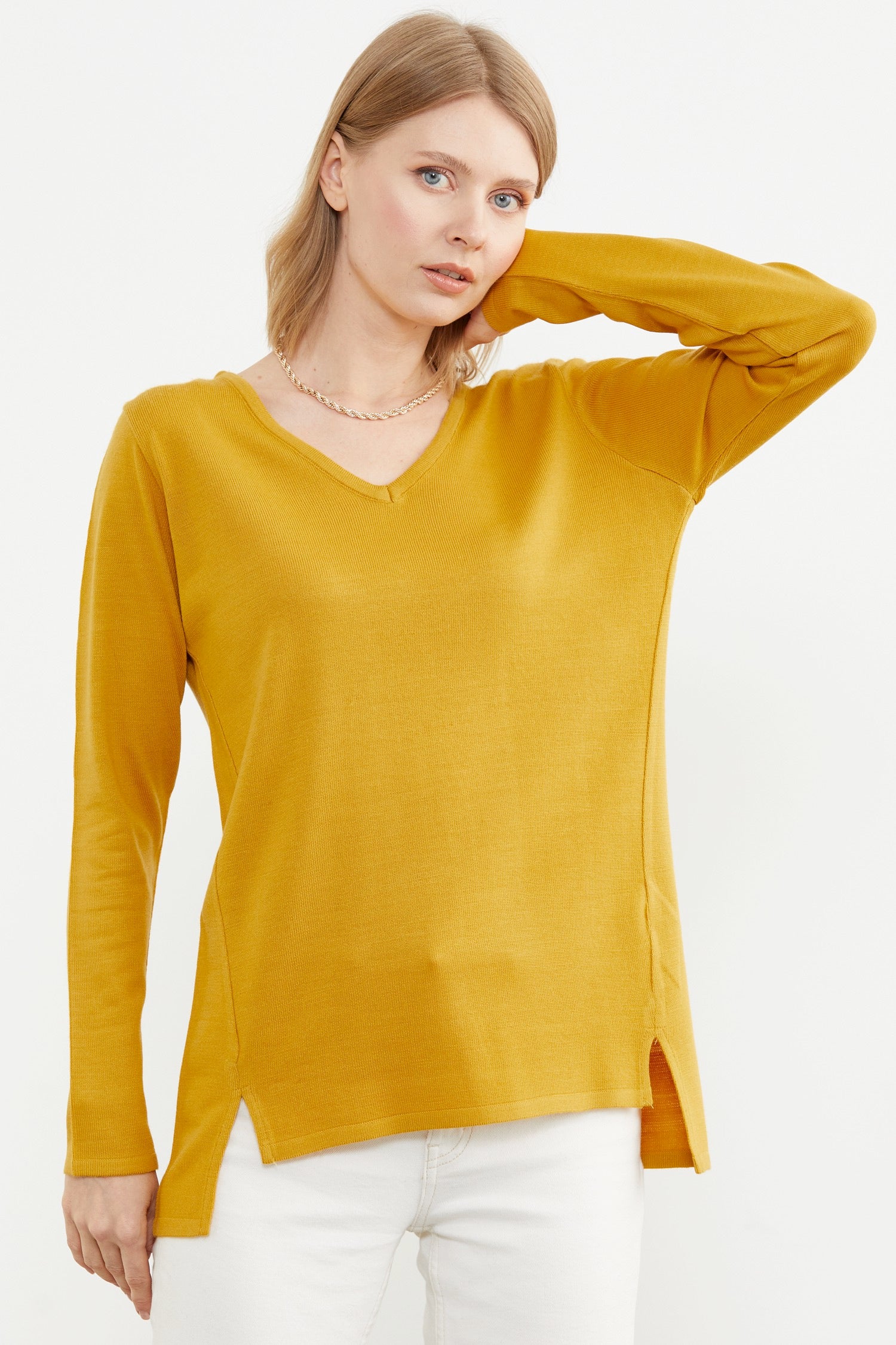 Arkası Uzun V Yaka Triko Kazak - Hardal (2) Sementa