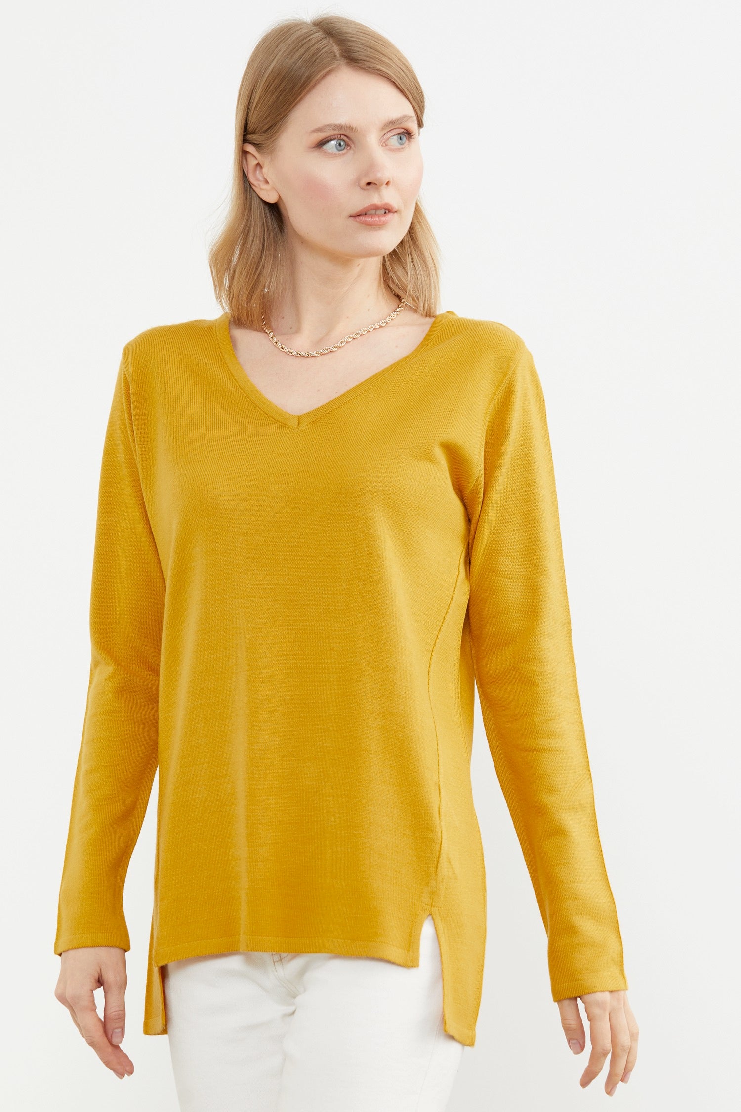 Arkası Uzun V Yaka Triko Kazak - Hardal (3) Sementa