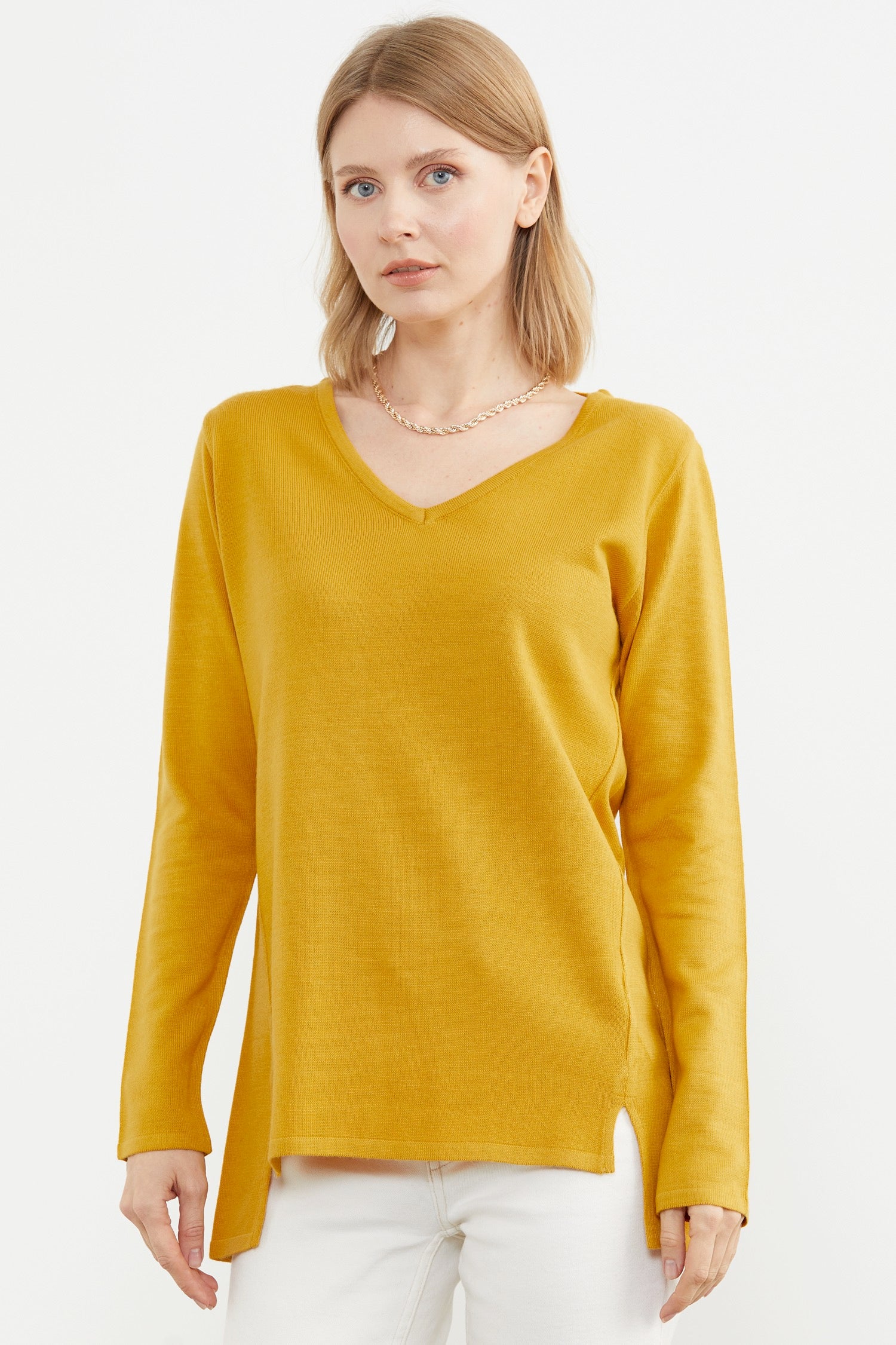 Arkası Uzun V Yaka Triko Kazak - Hardal (4) Sementa