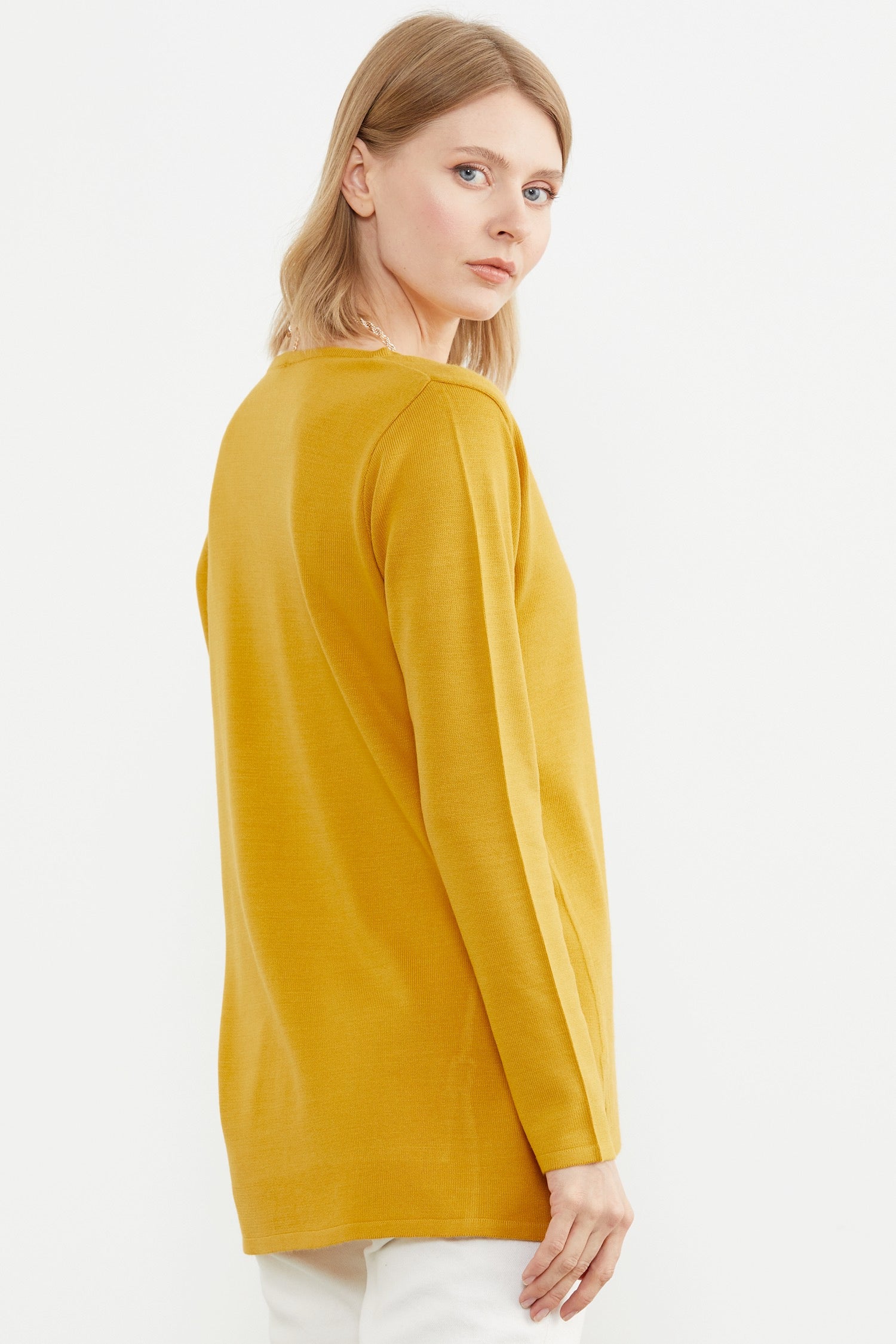 Arkası Uzun V Yaka Triko Kazak - Hardal (5) Sementa