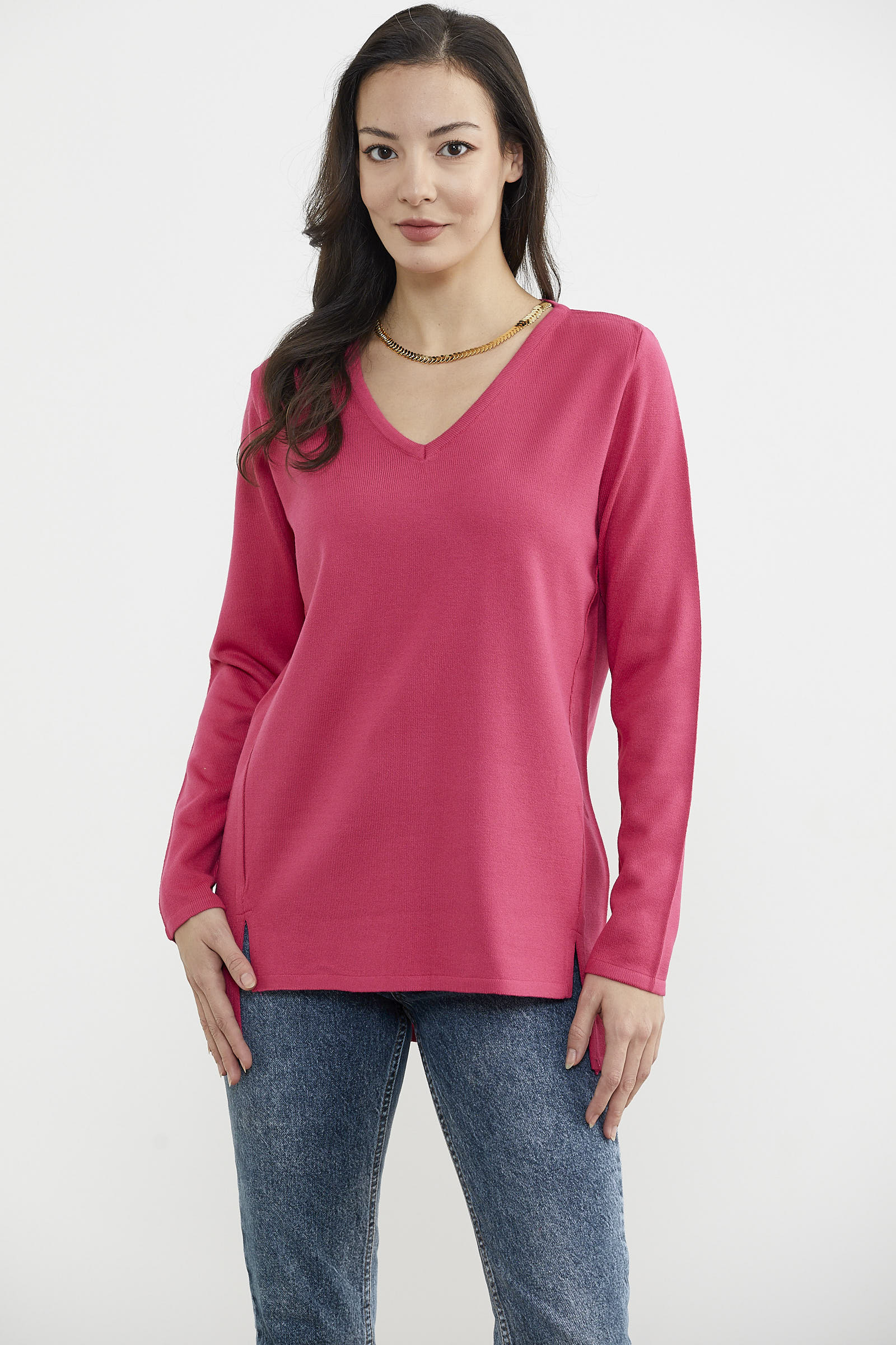 Arkası Uzun V Yaka Triko Kazak - Mercan (1) Sementa