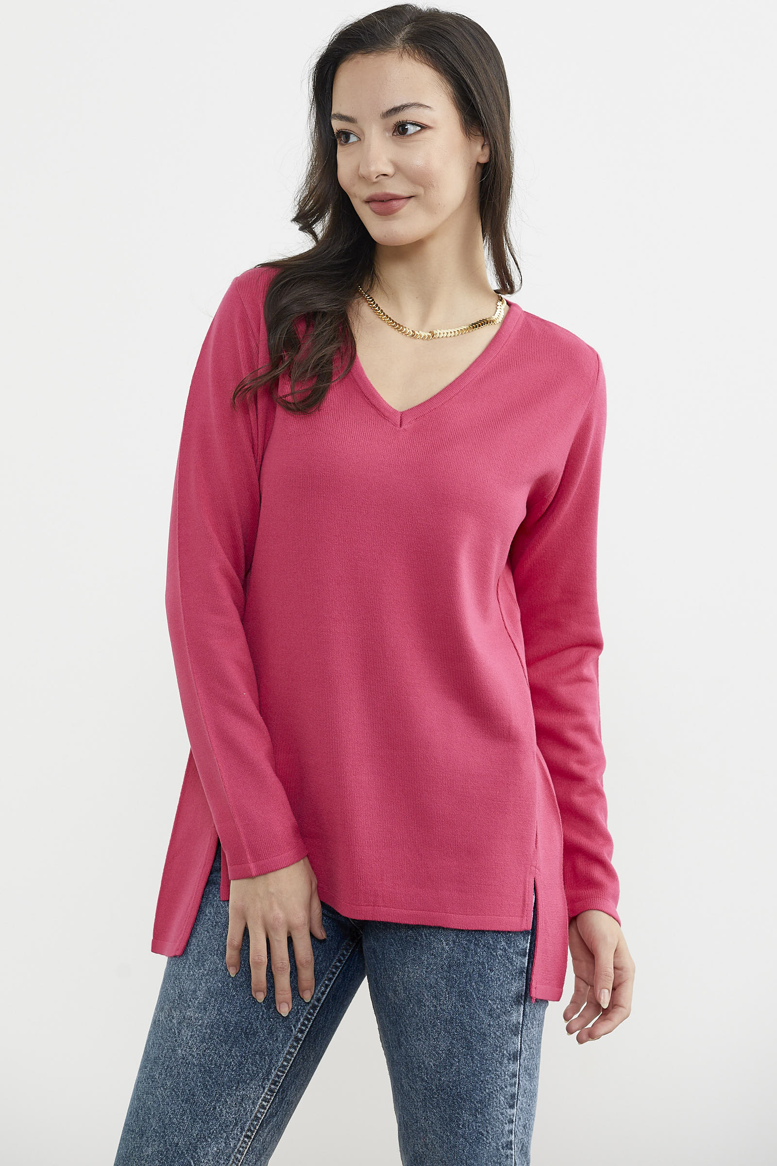 Arkası Uzun V Yaka Triko Kazak - Mercan (5) Sementa