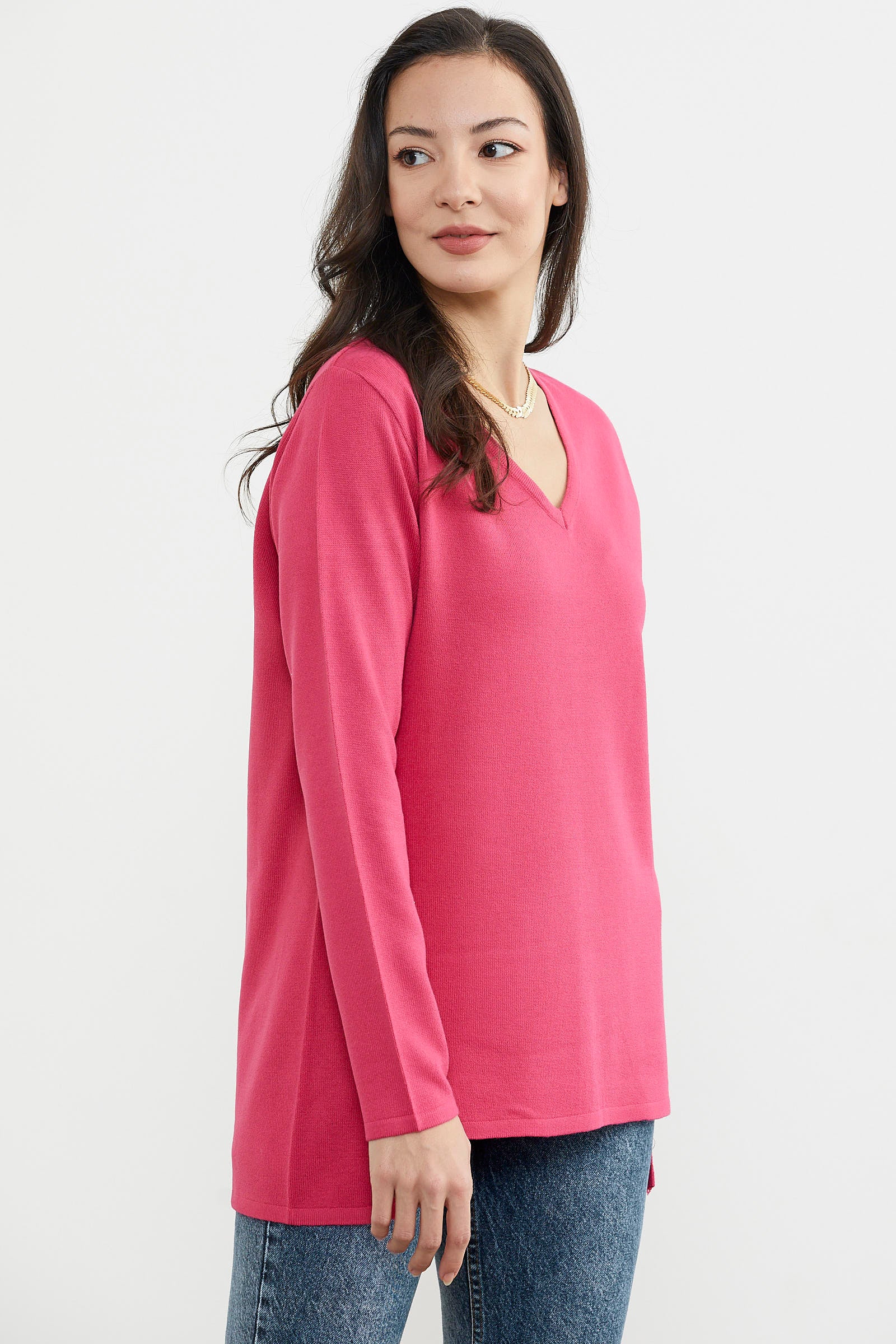 Arkası Uzun V Yaka Triko Kazak - Mercan (6) Sementa