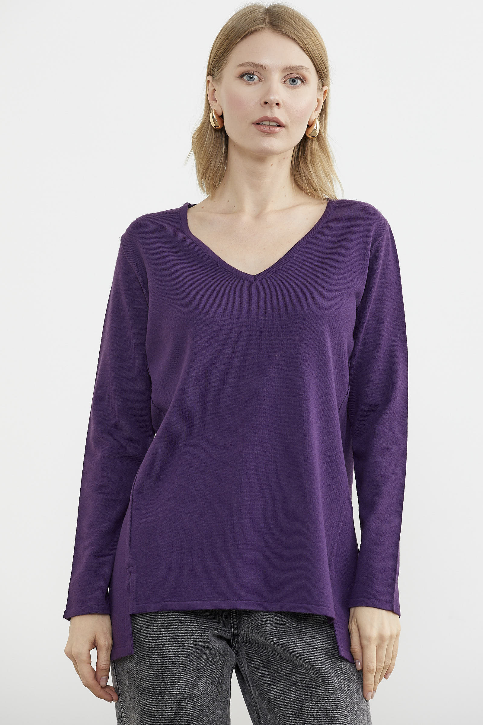 Arkası Uzun V Yaka Triko Kazak - Mor (1) Sementa