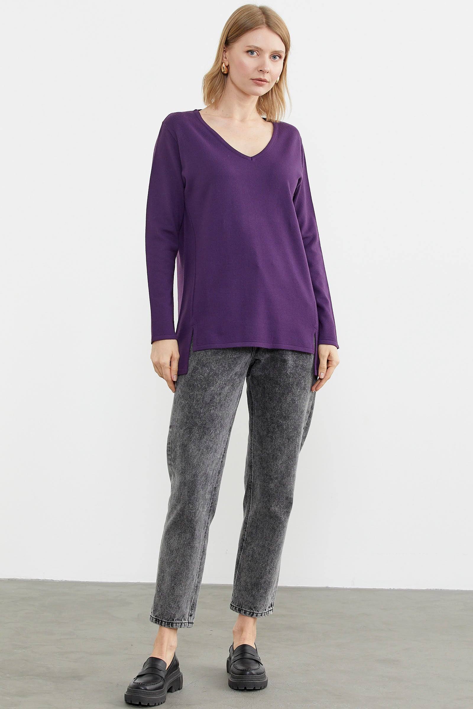 Arkası Uzun V Yaka Triko Kazak - Mor (2) Sementa