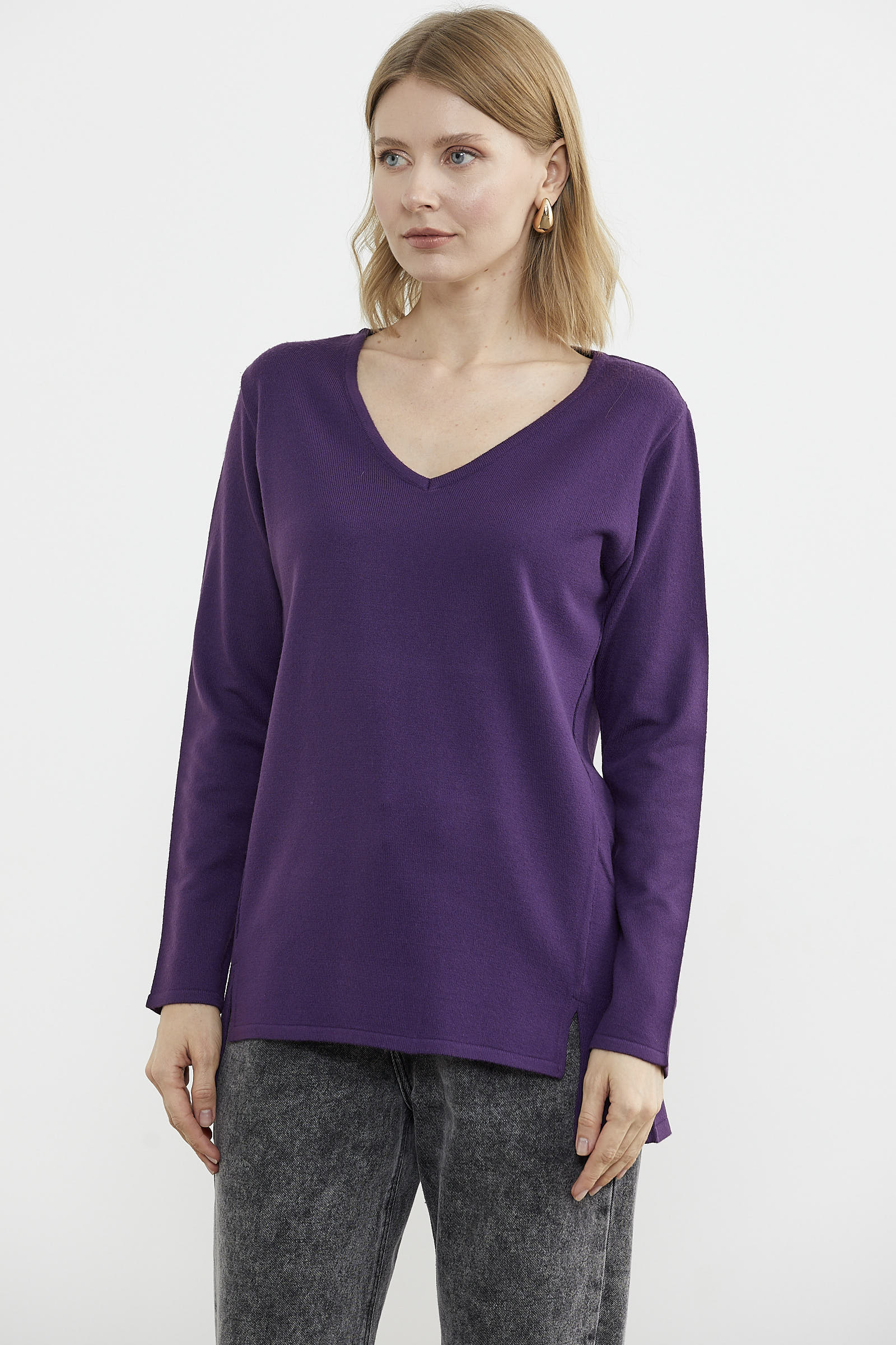 Arkası Uzun V Yaka Triko Kazak - Mor (4) Sementa