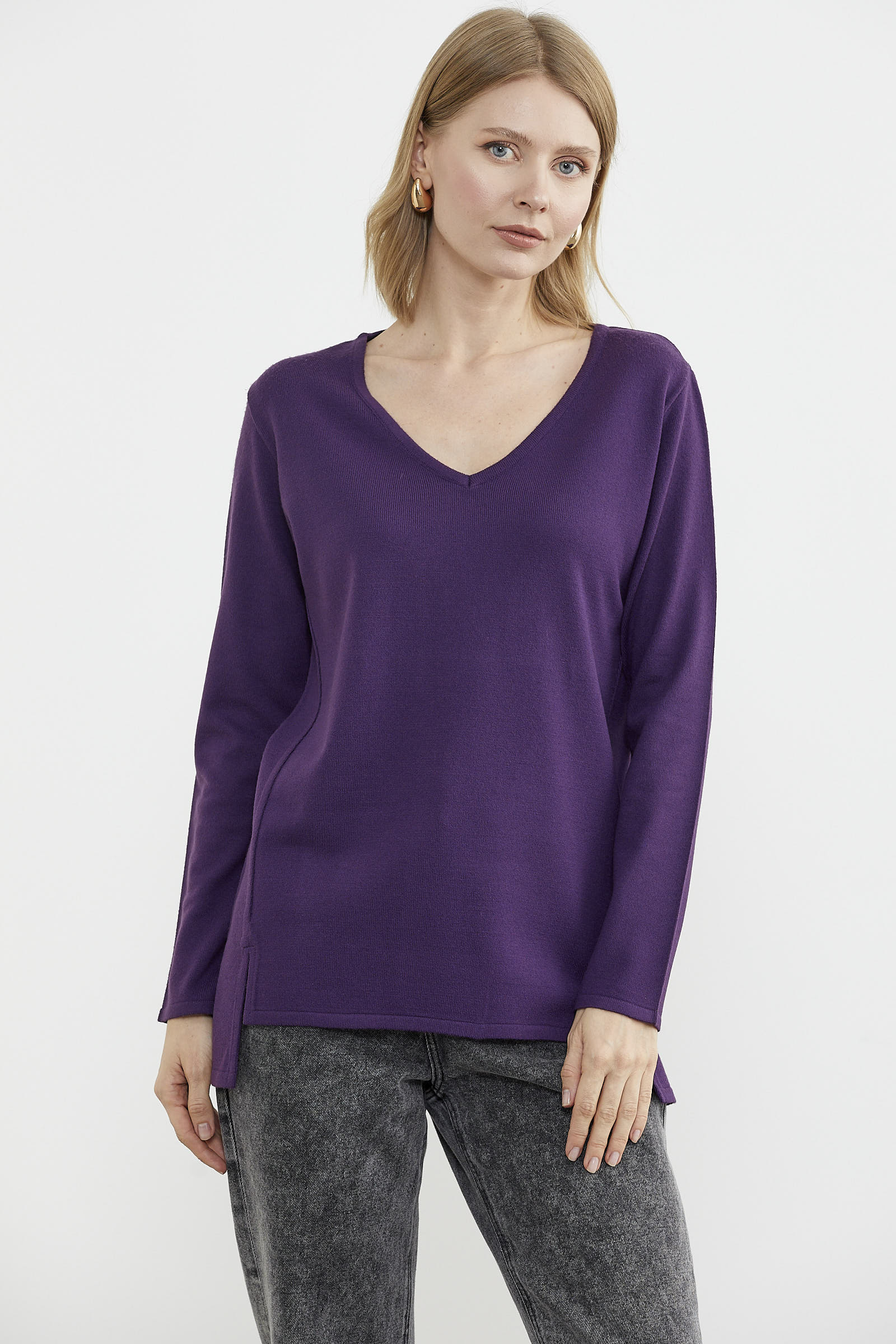Arkası Uzun V Yaka Triko Kazak - Mor (5) Sementa