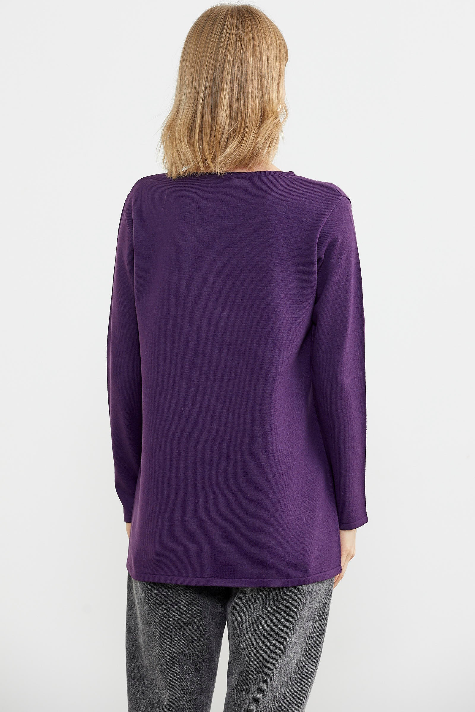 Arkası Uzun V Yaka Triko Kazak - Mor (6) Sementa