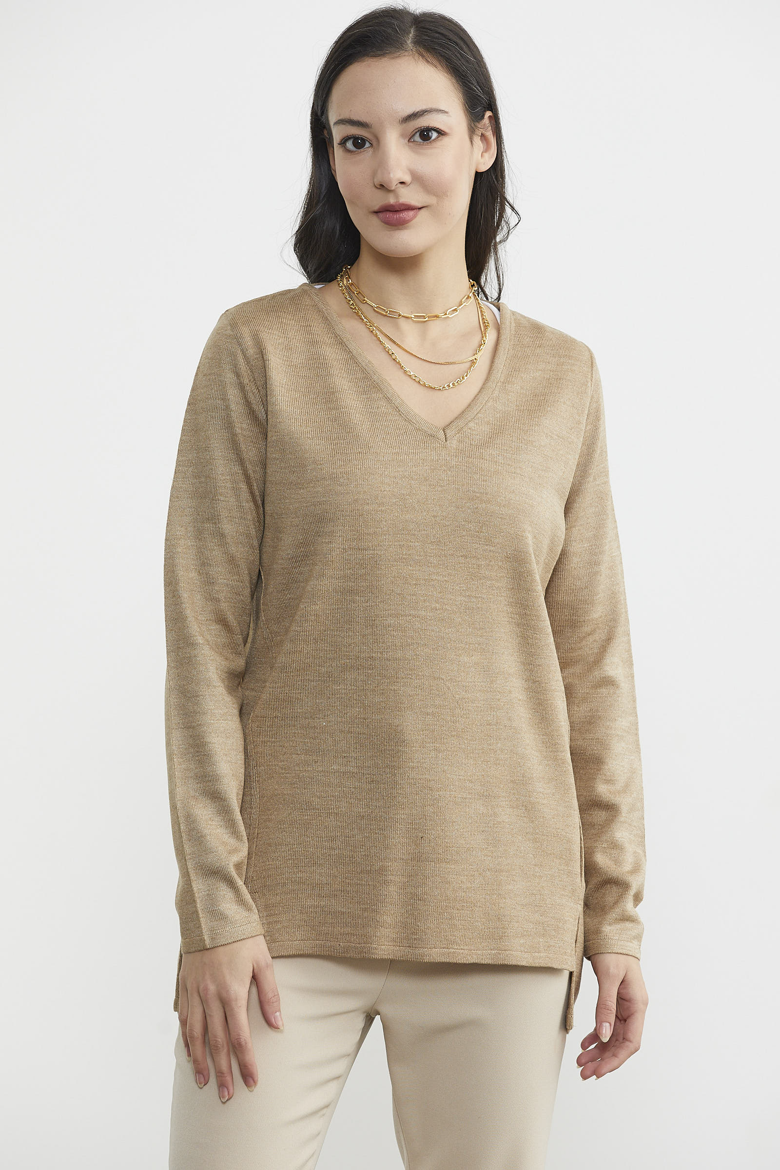 Arkası Uzun V Yaka Triko Kazak - Vizon (2) Sementa