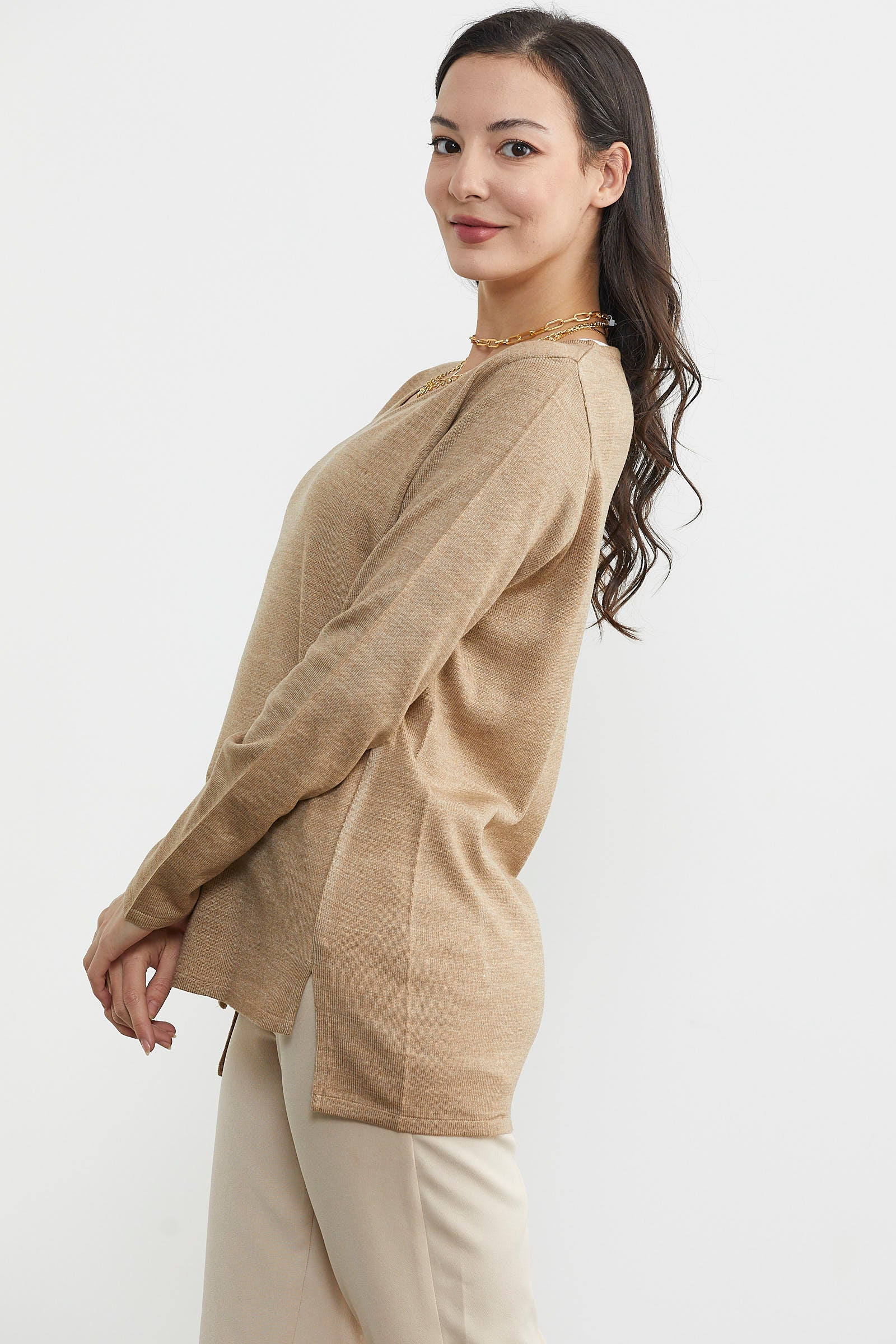 Arkası Uzun V Yaka Triko Kazak - Vizon (5) Sementa