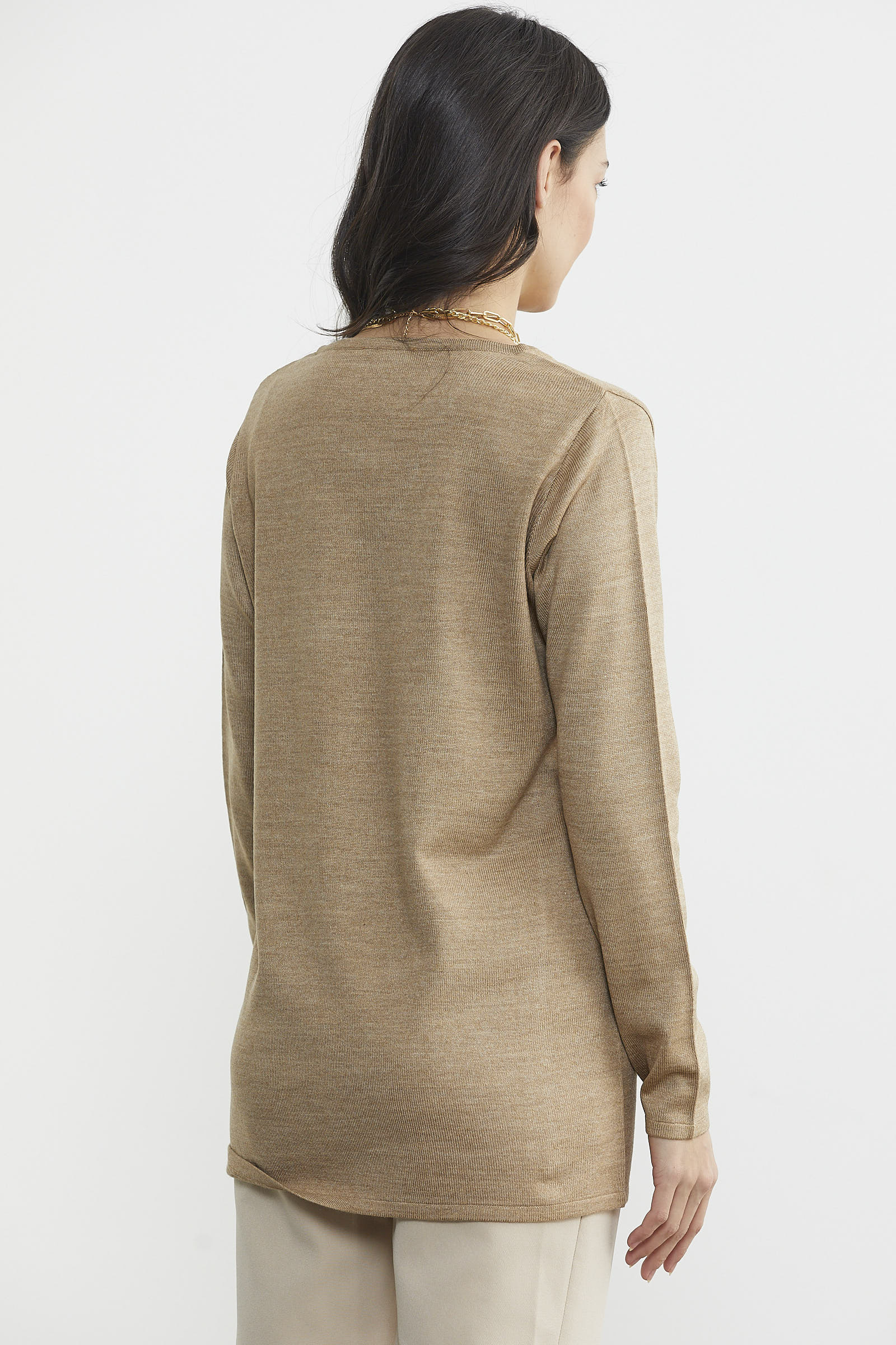 Arkası Uzun V Yaka Triko Kazak - Vizon (6) Sementa