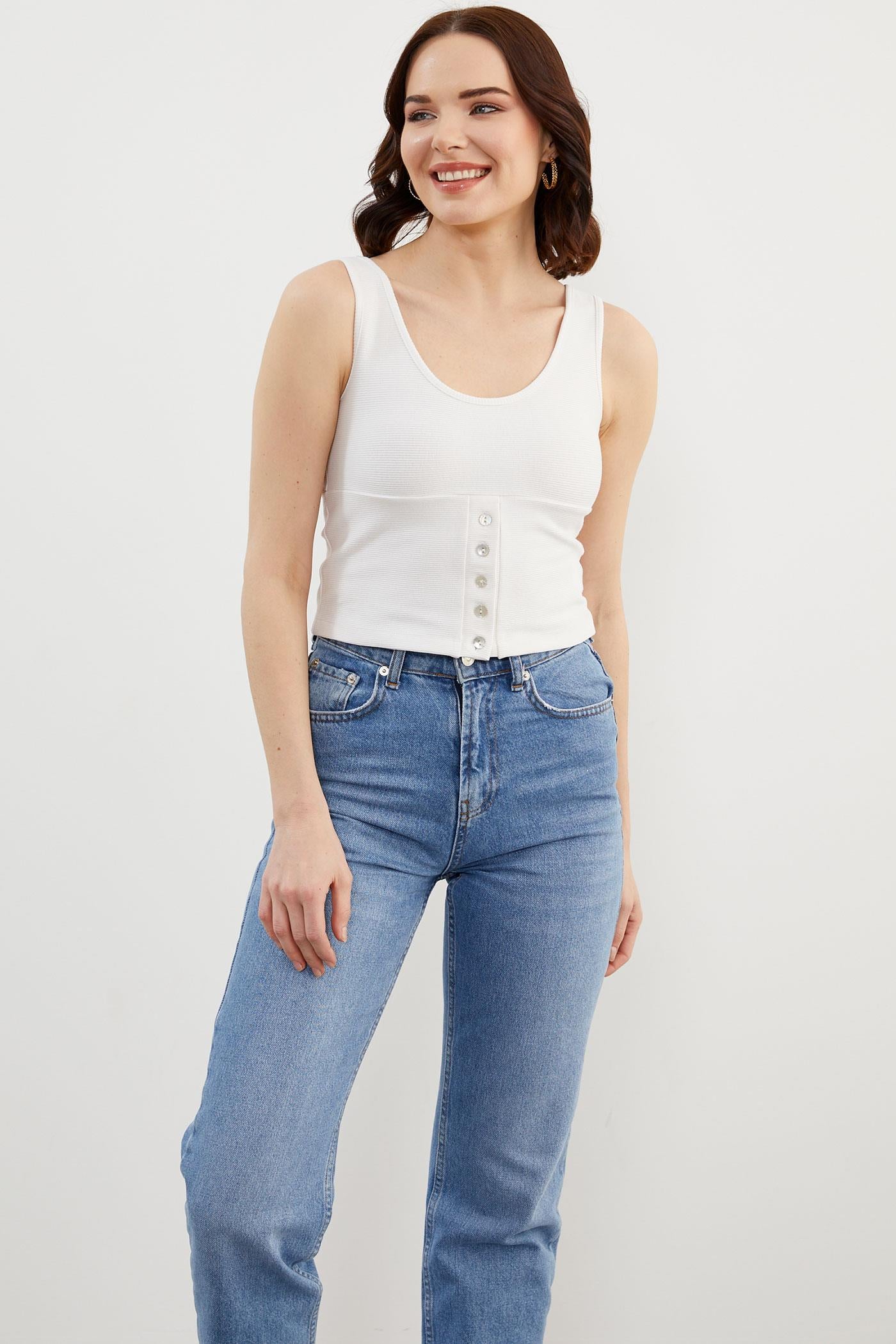 Askılı Düğme Detaylı Ribana Crop Tişört - Beyaz (2) Sementa