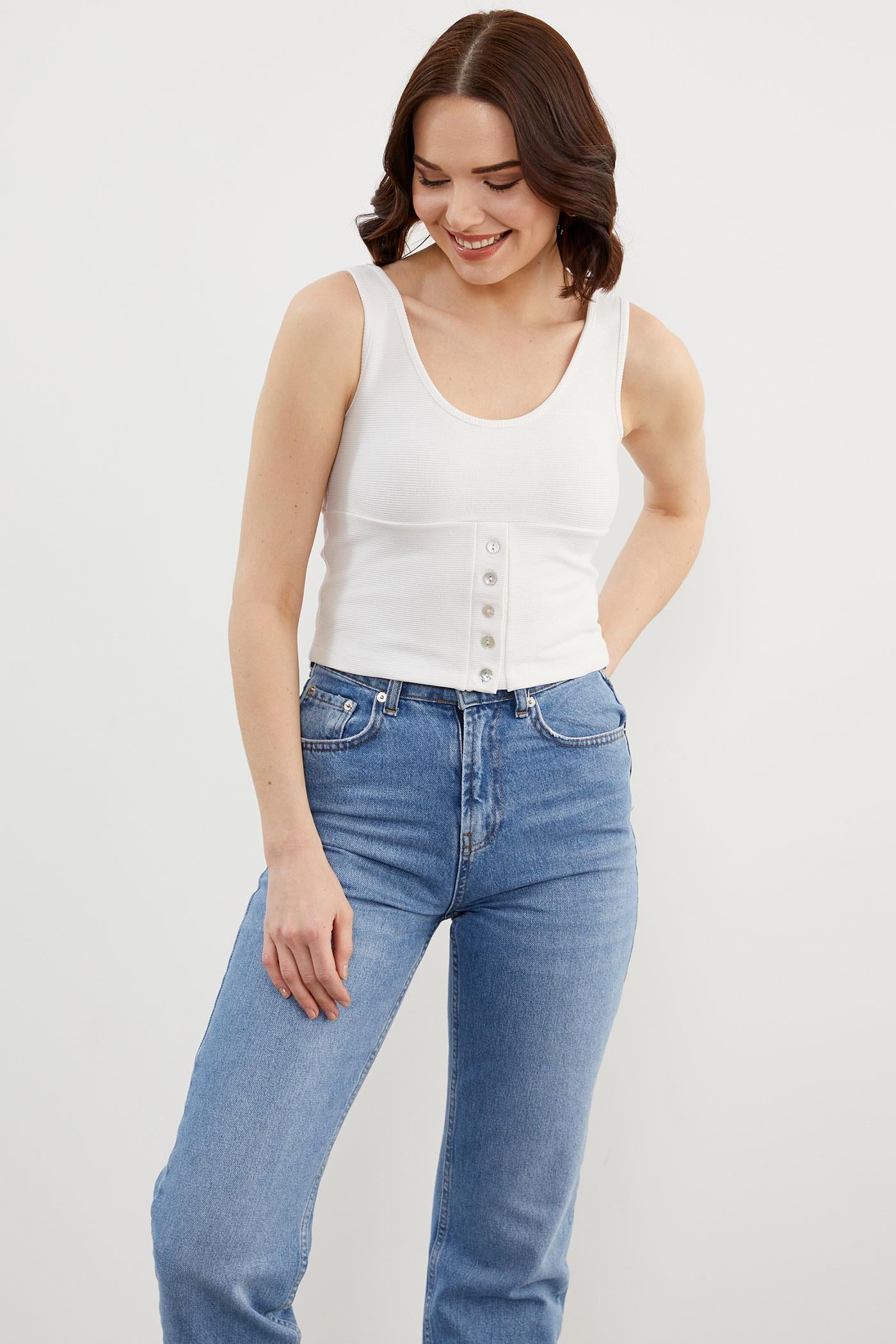 Askılı Düğme Detaylı Ribana Crop Tişört - Beyaz (3) Sementa