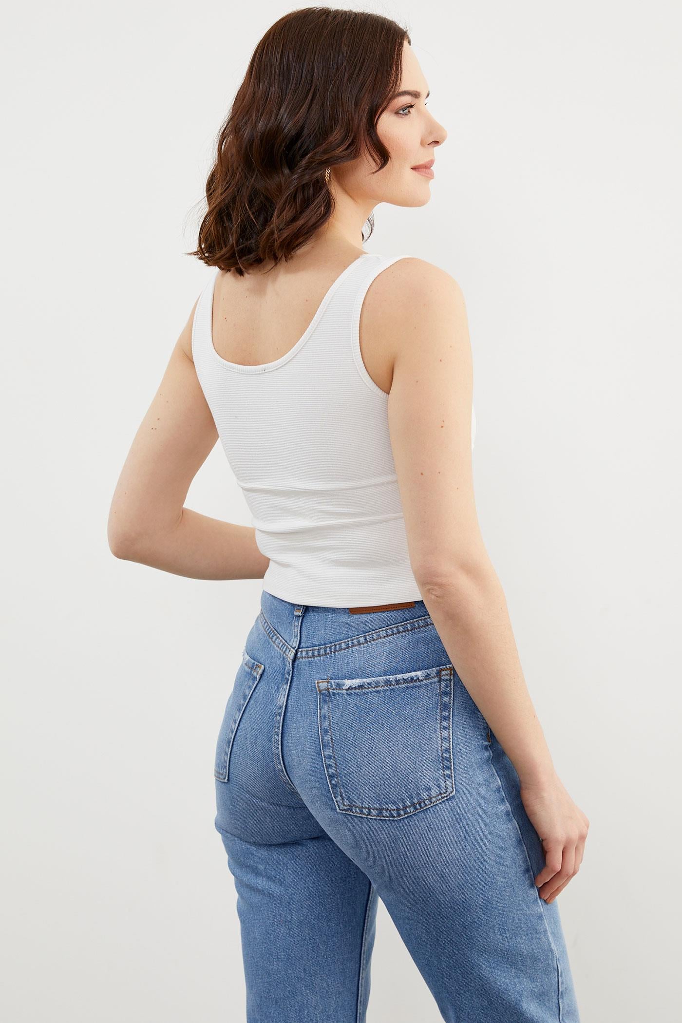 Askılı Düğme Detaylı Ribana Crop Tişört - Beyaz (4) Sementa