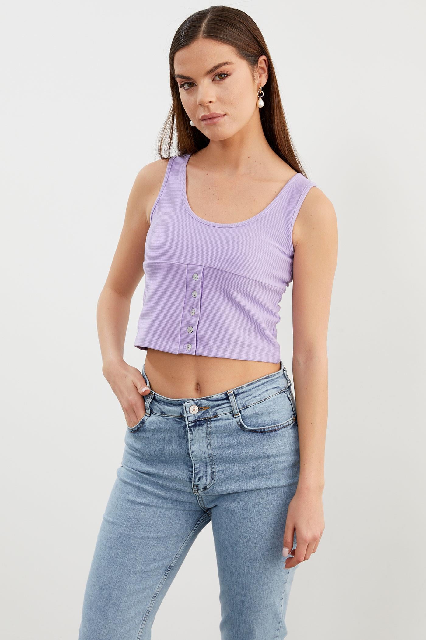 Askılı Düğme Detaylı Ribana Crop Tişört - Lila (3) Sementa