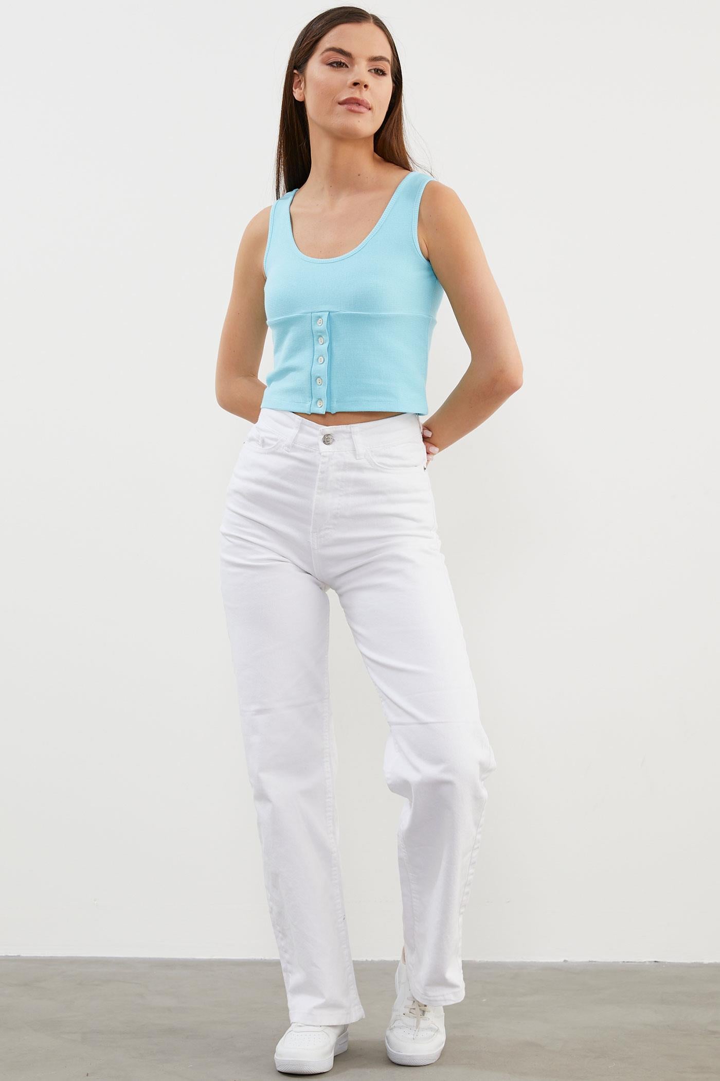 Askılı Düğme Detaylı Ribana Crop Tişört - Mavi (3) Sementa