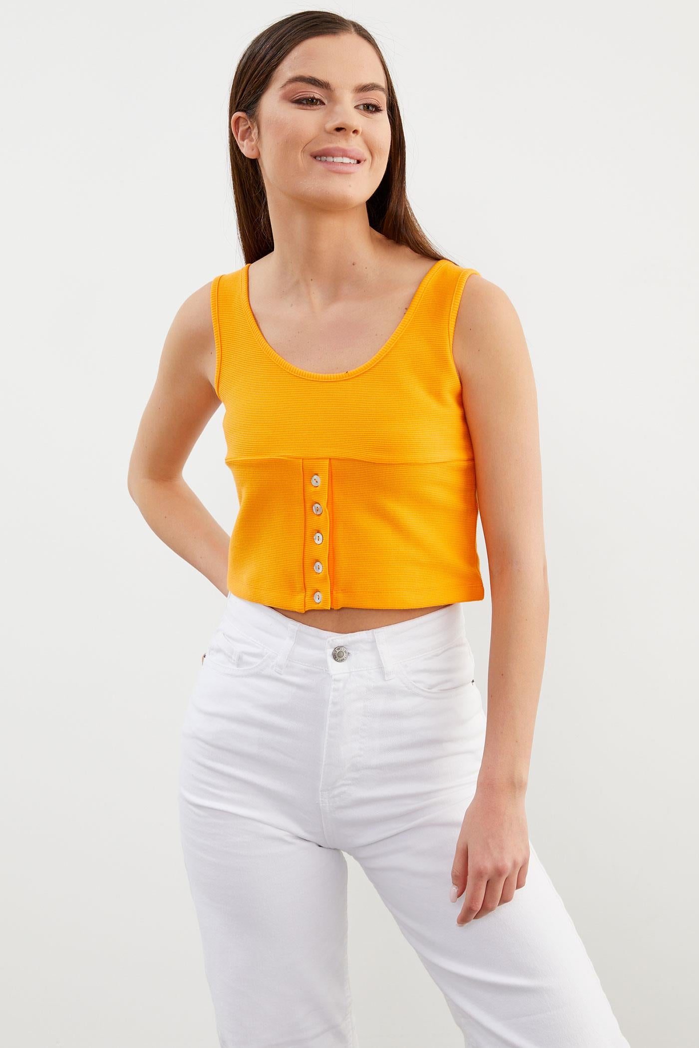 Askılı Düğme Detaylı Ribana Crop Tişört - Oranj (3) Sementa