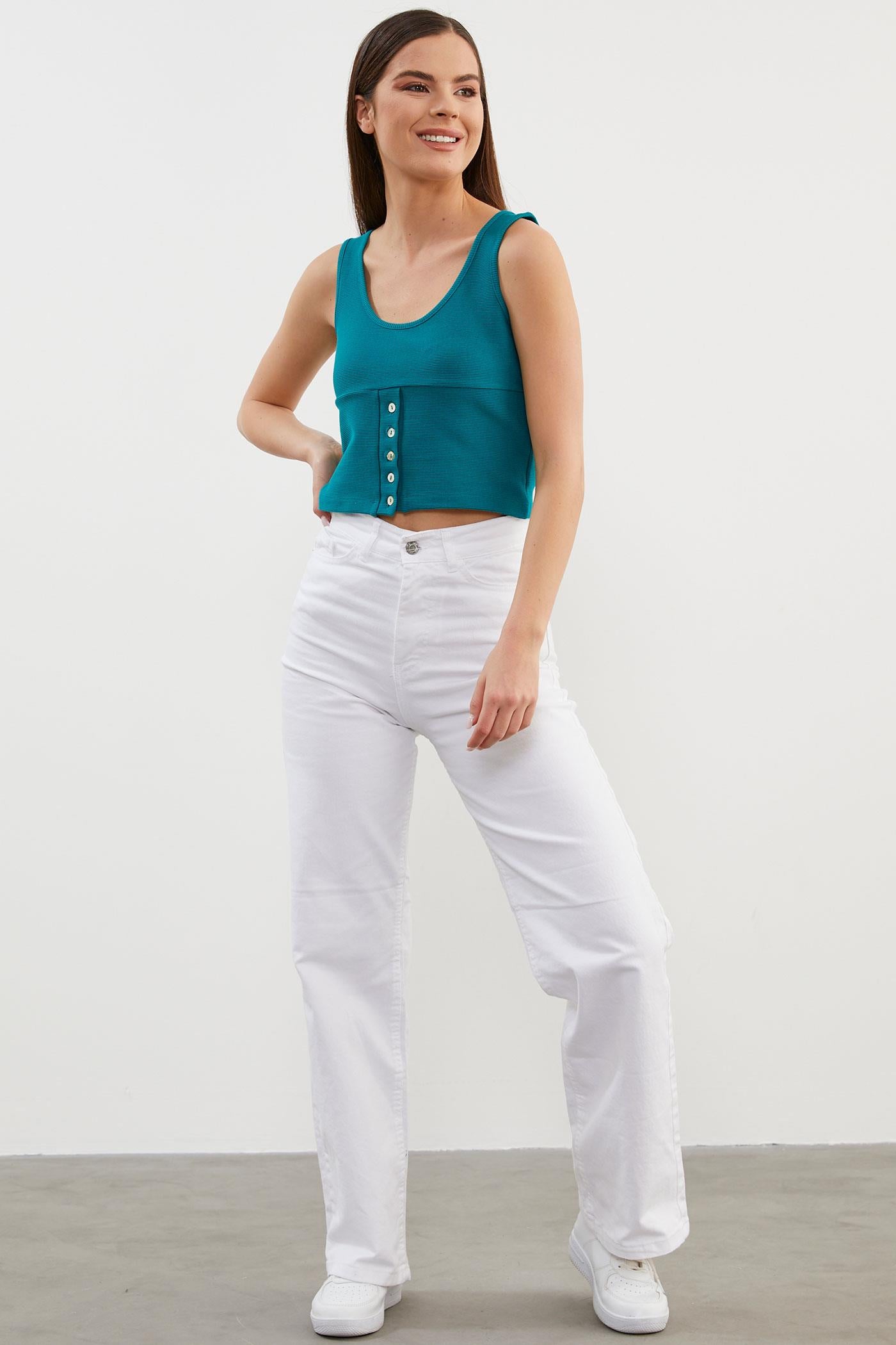 Askılı Düğme Detaylı Ribana Crop Tişört - Petrol (2) Sementa