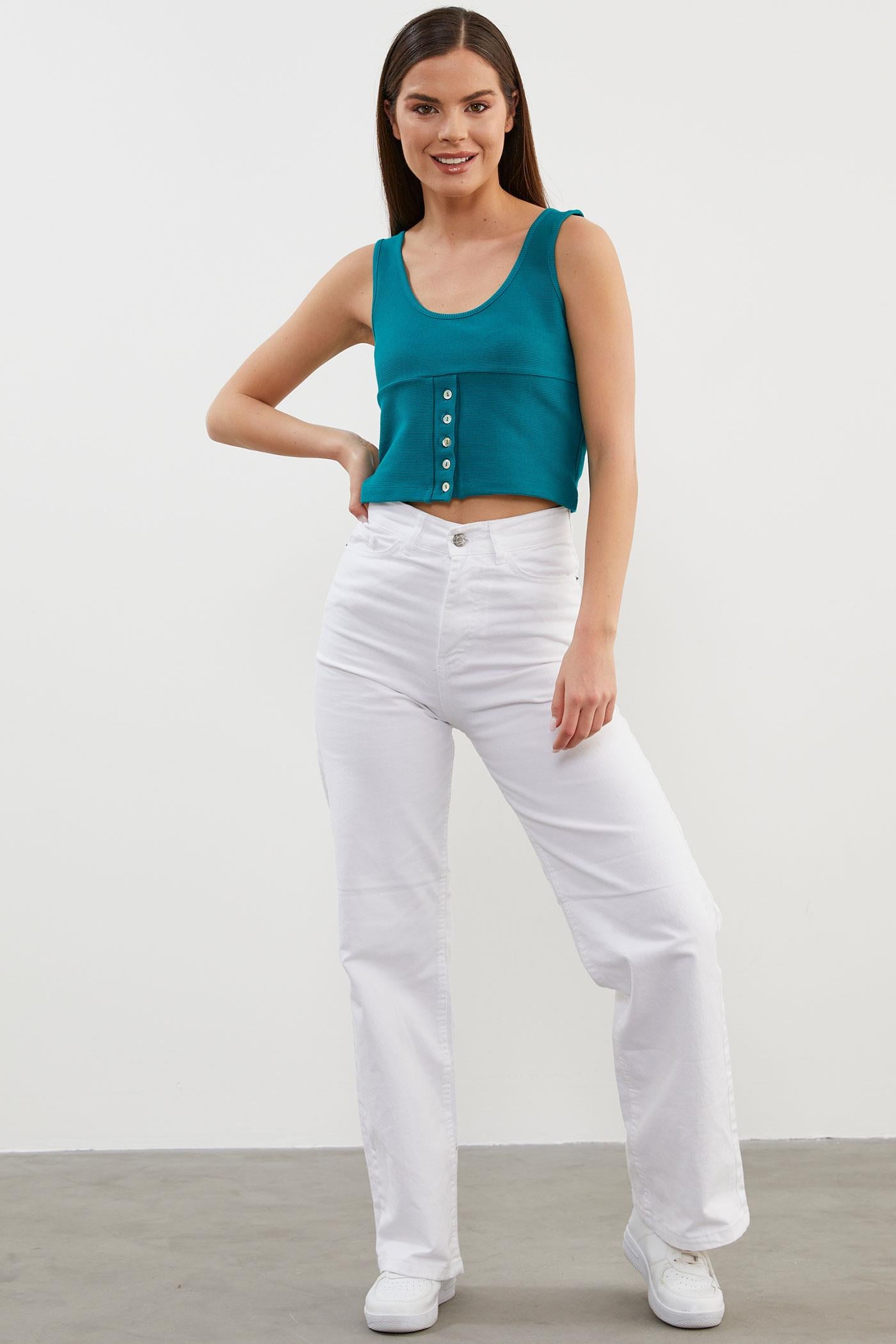 Askılı Düğme Detaylı Ribana Crop Tişört - Petrol (6) Sementa