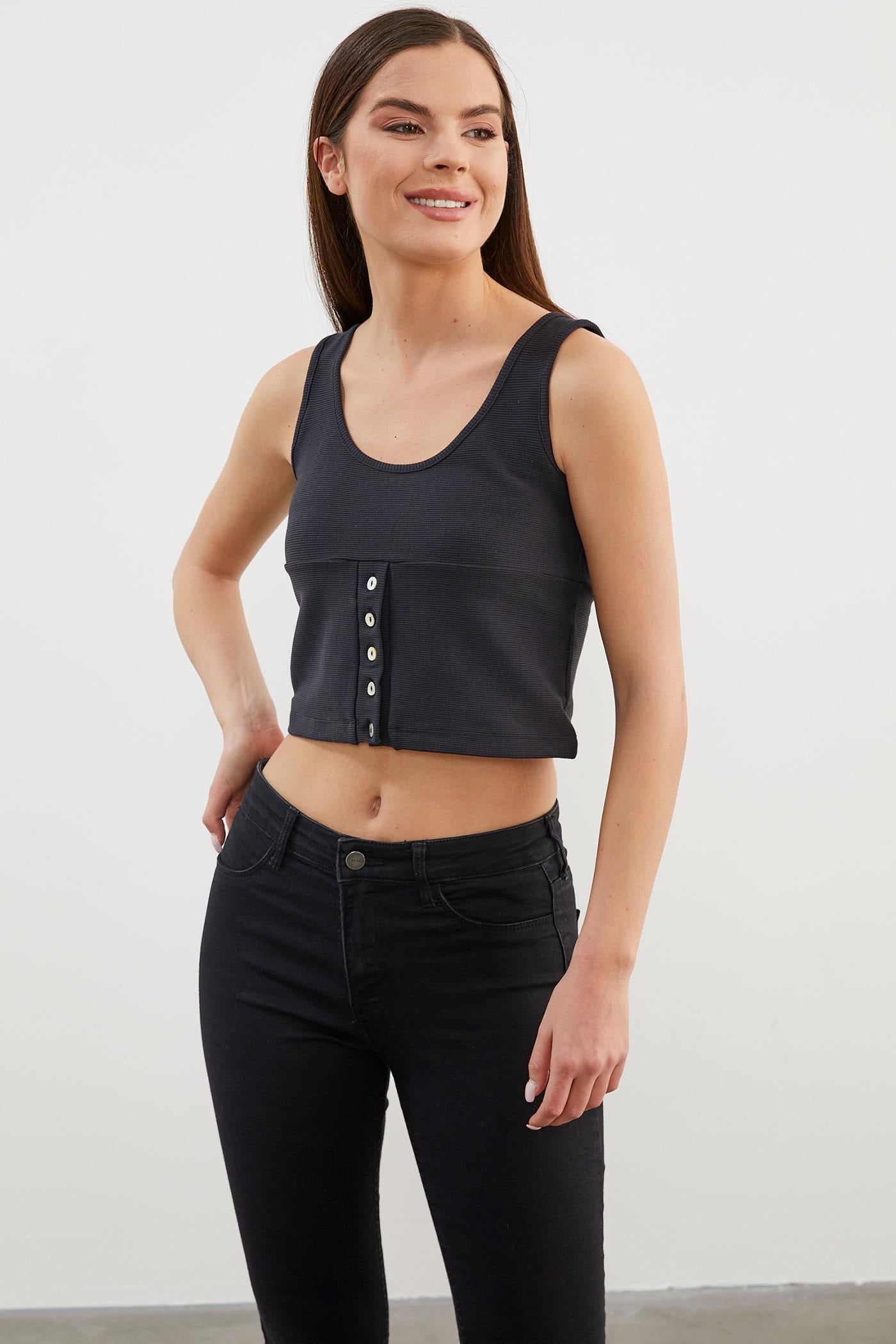 Askılı Düğme Detaylı Ribana Crop Tişört - Siyah (2) Sementa