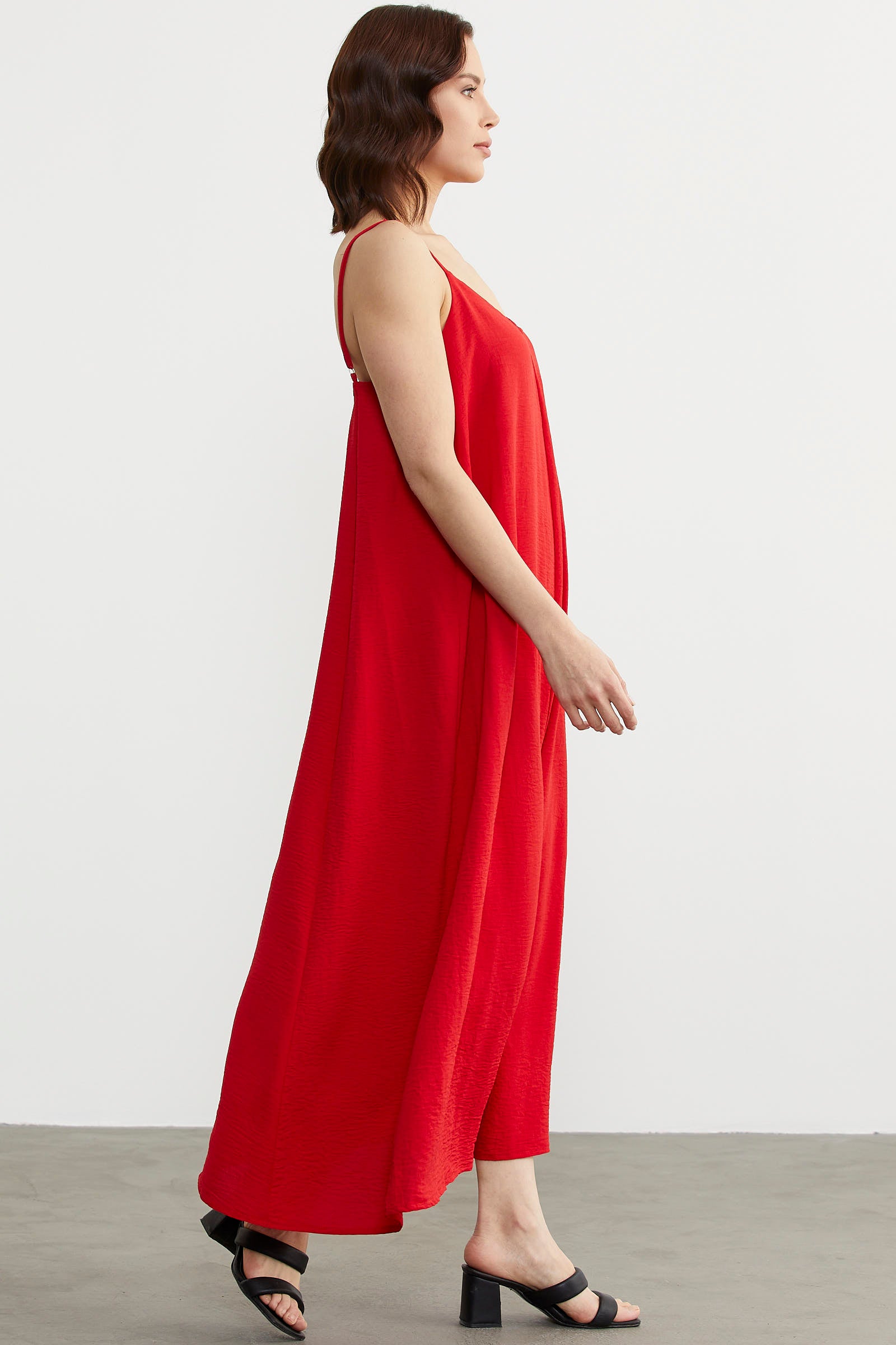 Ayarlanabilir Askılı Uzun Krep Elbise - Kırmızı (5) Sementa