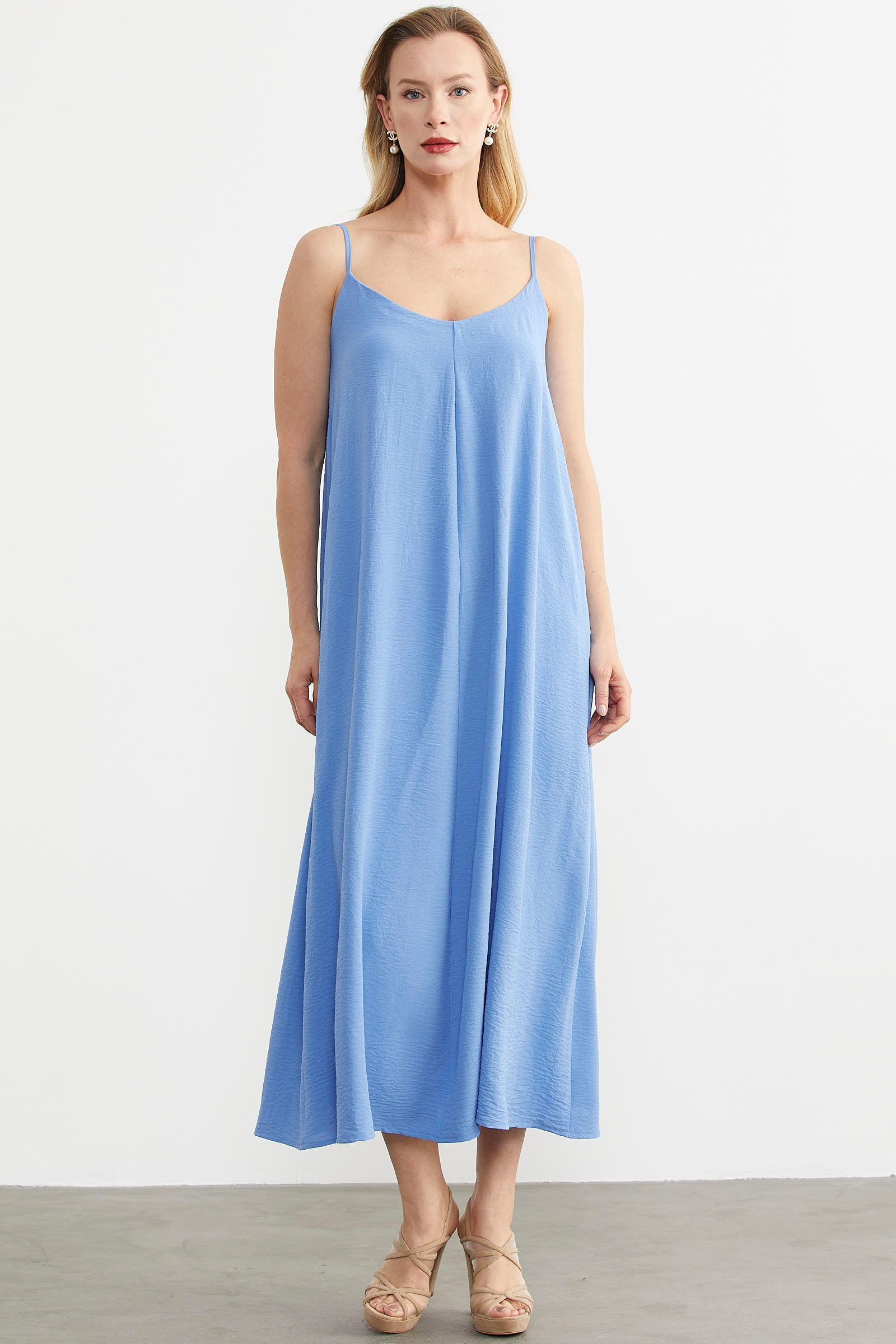 Ayarlanabilir Askılı Uzun Krep Elbise - Mavi (2) Sementa