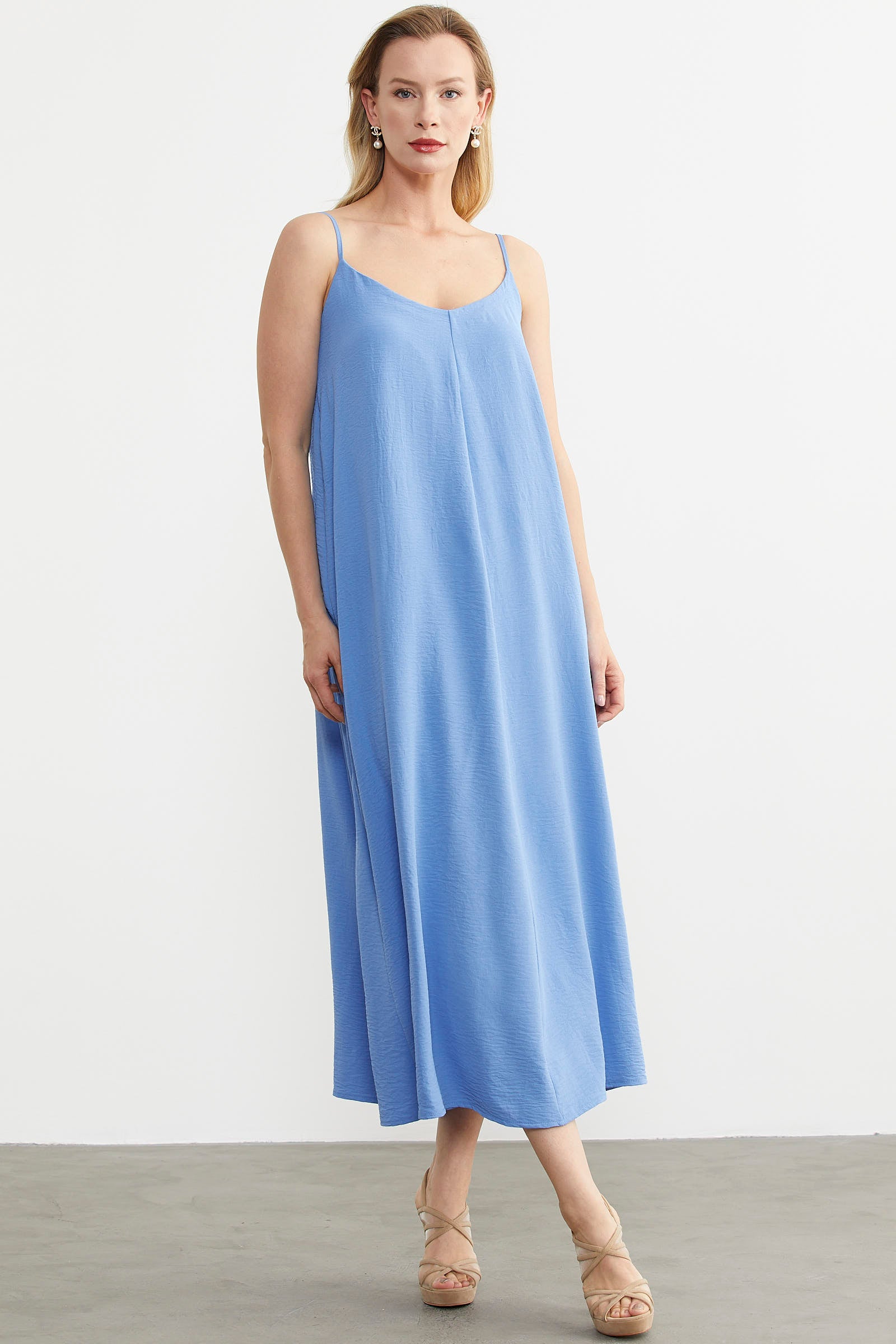 Ayarlanabilir Askılı Uzun Krep Elbise - Mavi (3) Sementa