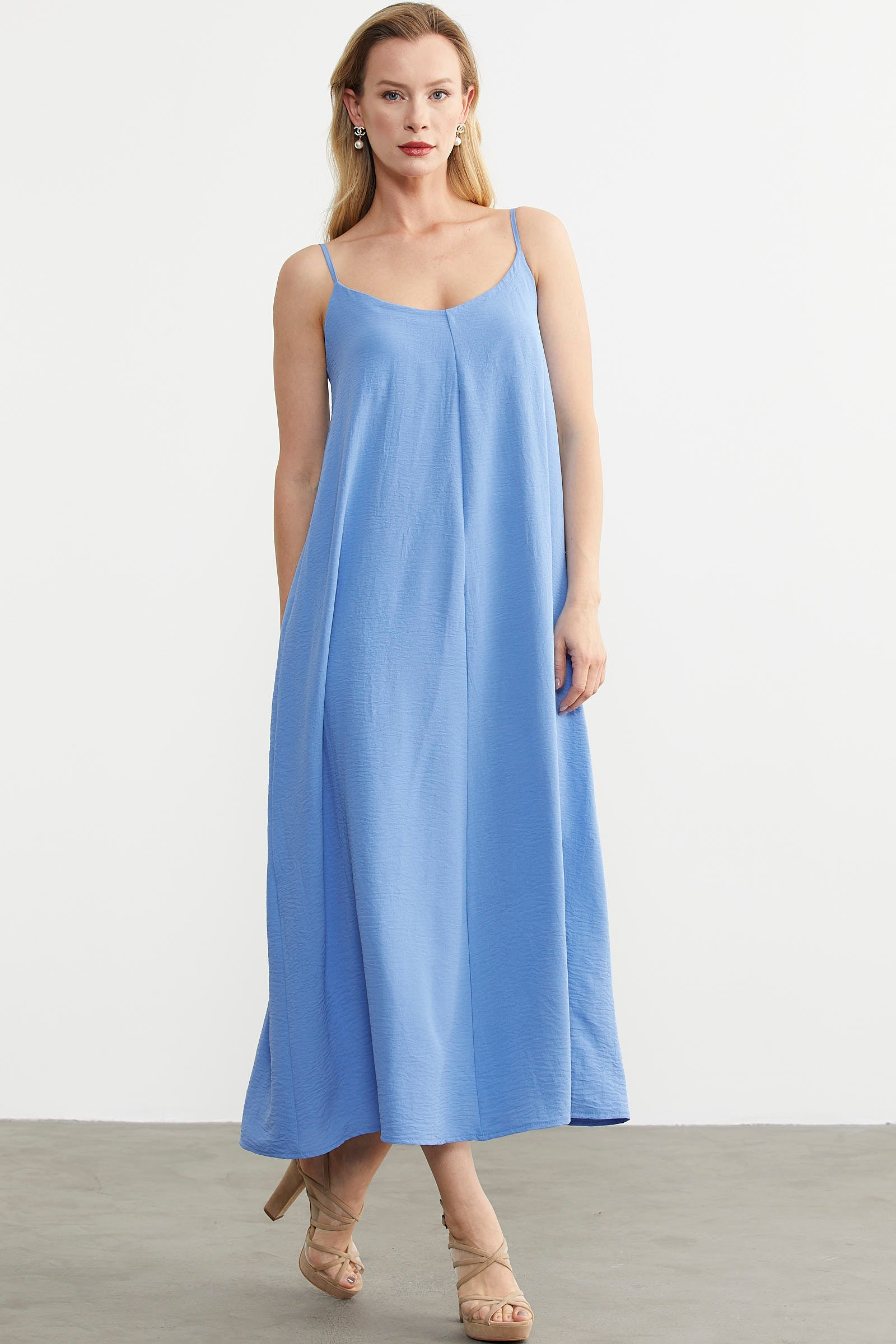 Ayarlanabilir Askılı Uzun Krep Elbise - Mavi (5) Sementa