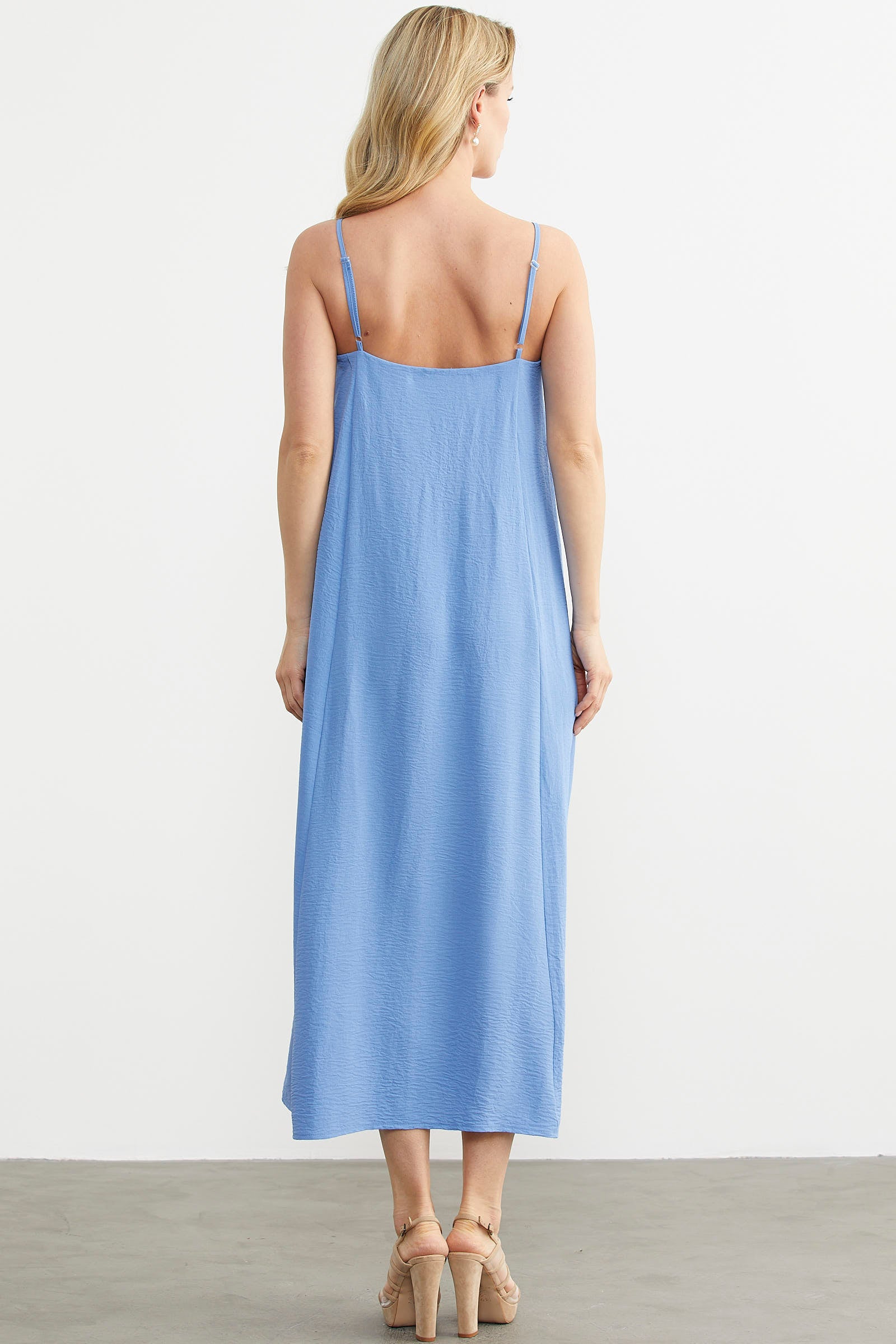 Ayarlanabilir Askılı Uzun Krep Elbise - Mavi (6) Sementa