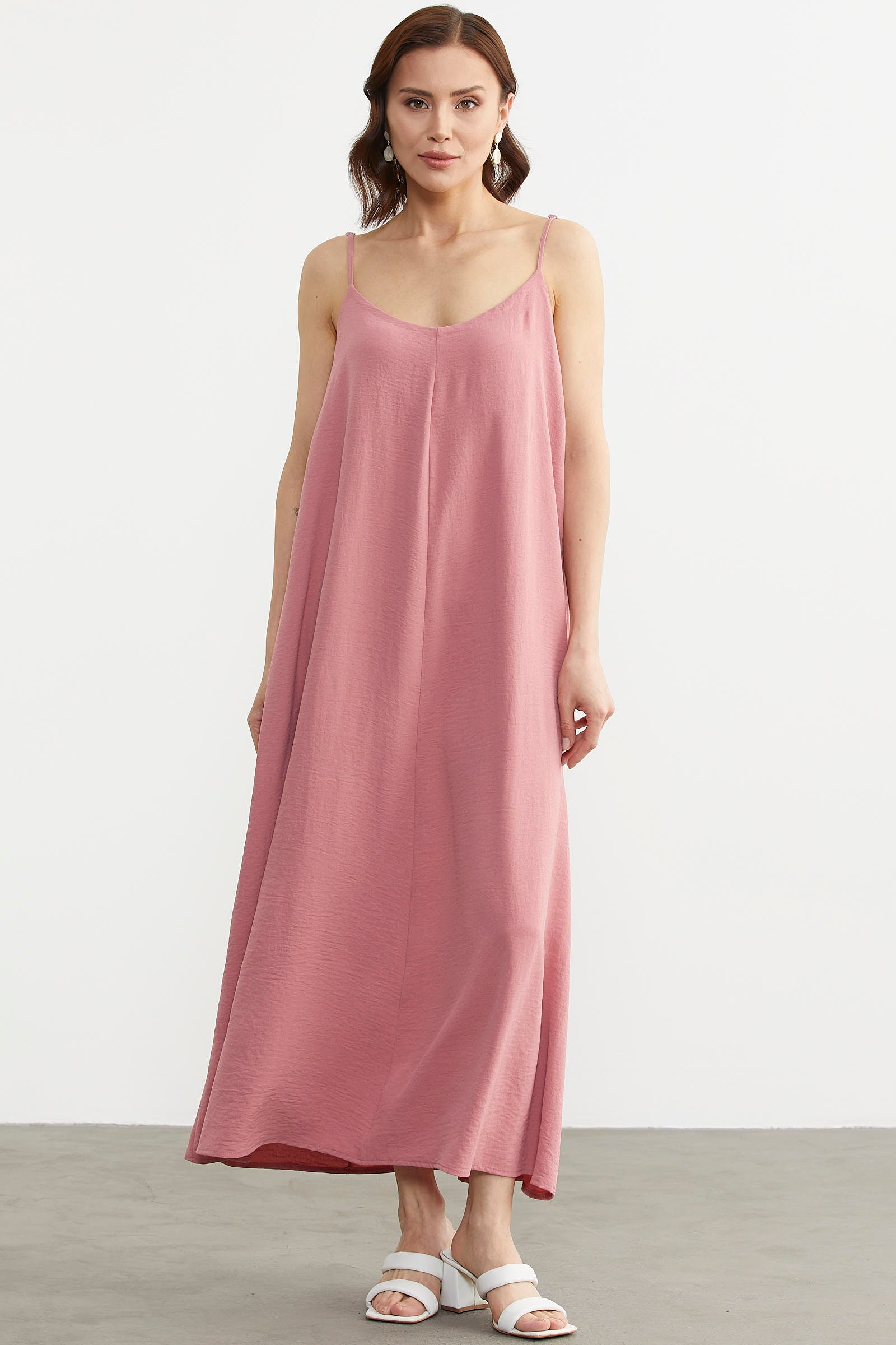 Ayarlanabilir Askılı Uzun Krep Elbise - Pembe (2) Sementa