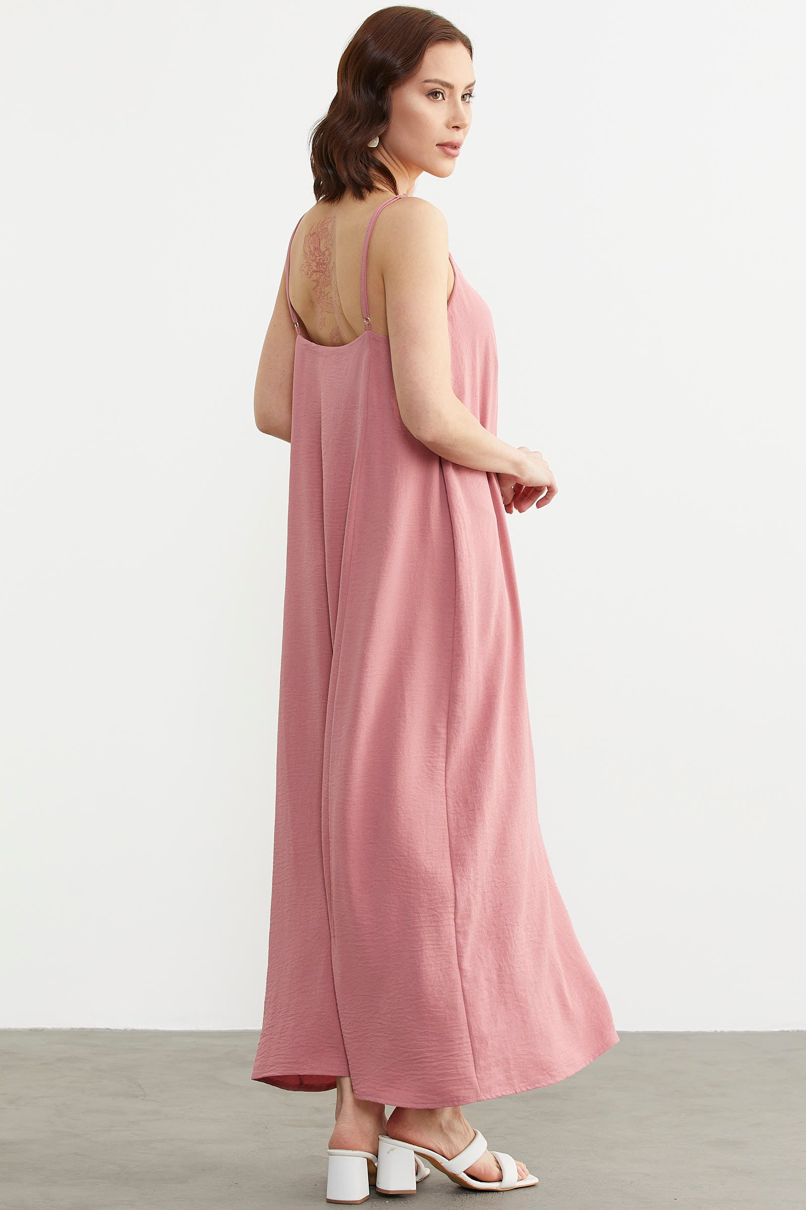 Ayarlanabilir Askılı Uzun Krep Elbise - Pembe (6) Sementa