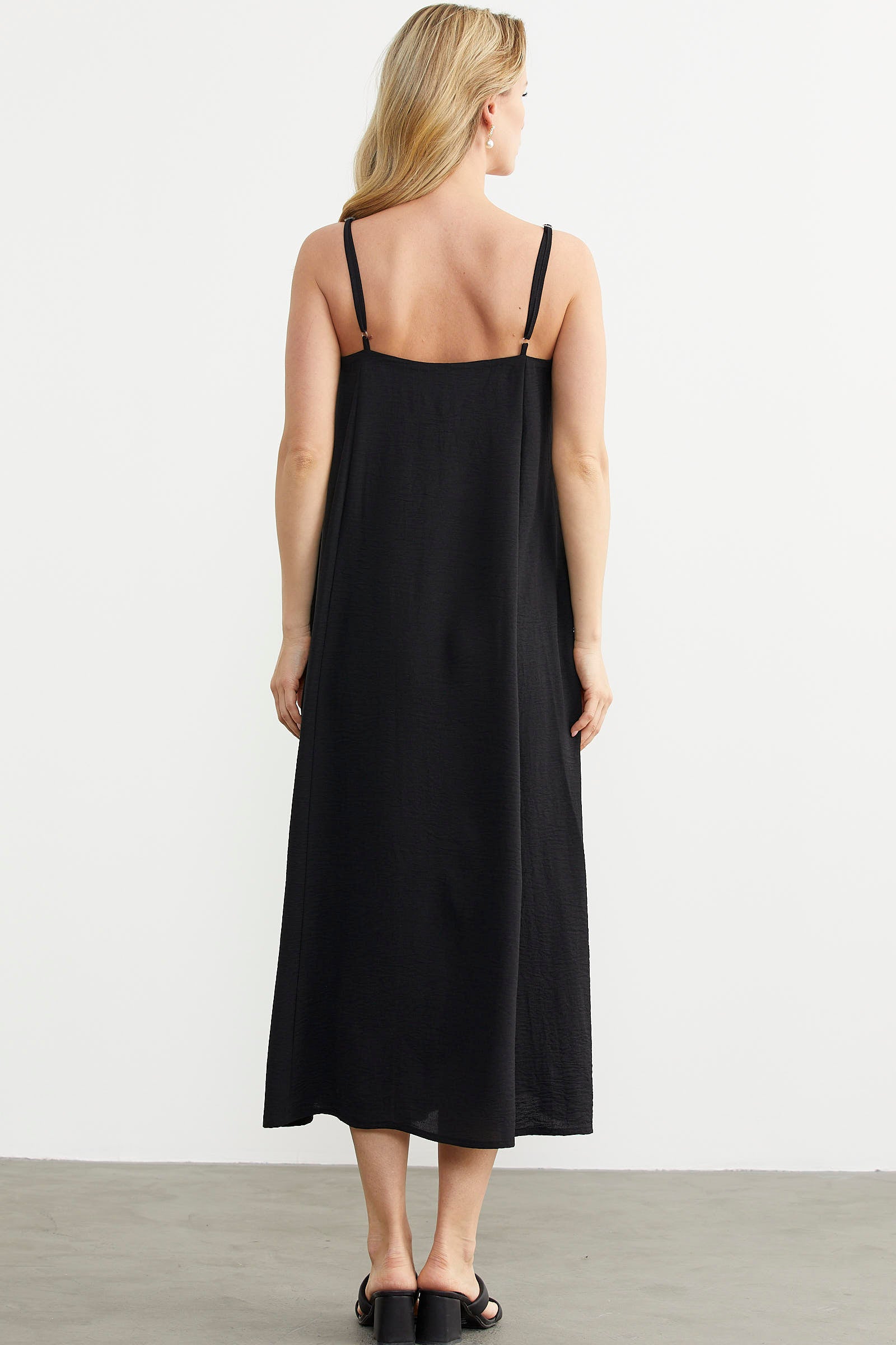 Ayarlanabilir Askılı Uzun Krep Elbise - Siyah (6) Sementa